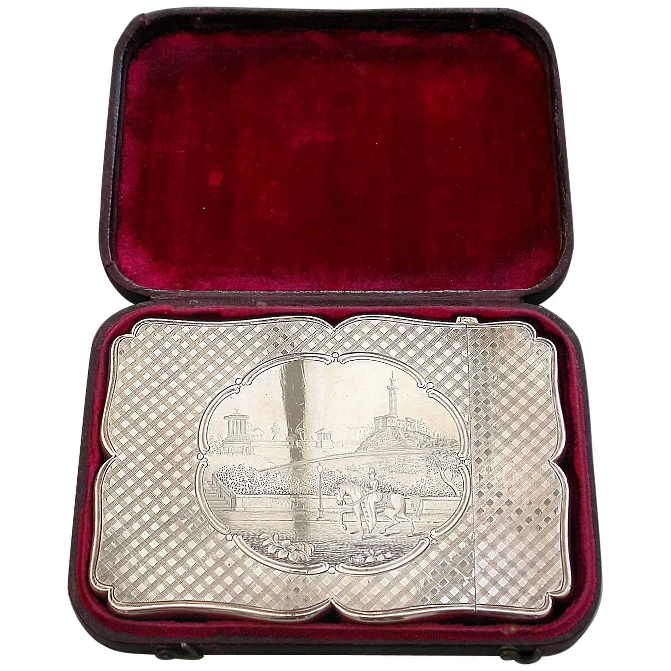 Cased Silver Card Case - Queen Victoria on Horse Back Calton Hill Edinburgh 1842 For Sale