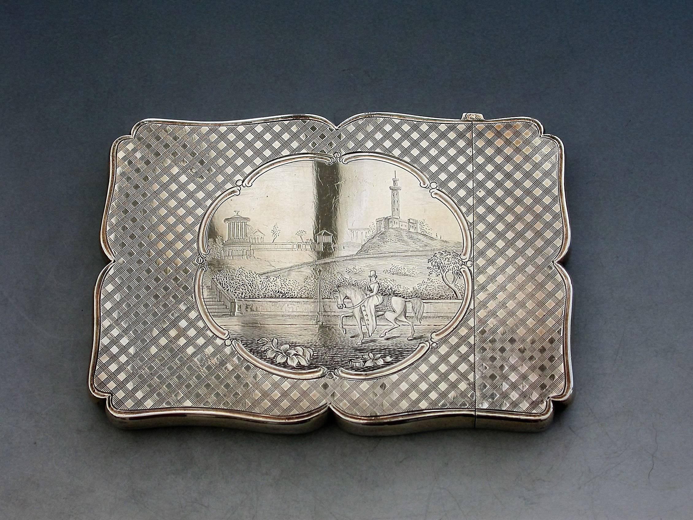Victorian Cased Silver Card Case - Queen Victoria on Horse Back Calton Hill Edinburgh 1842 For Sale