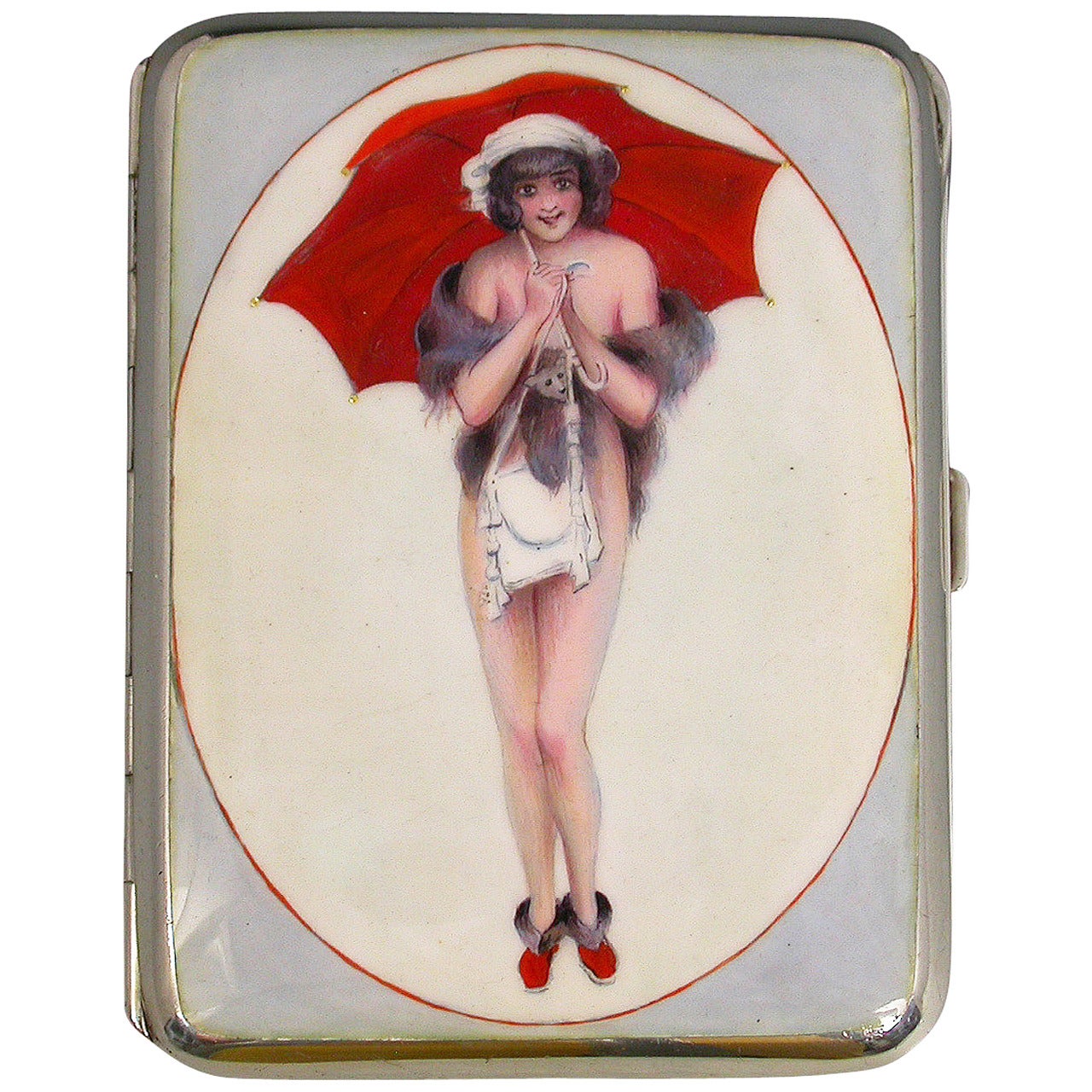 German Silver and Enamel Cigarette Case with a Girl and Her Red Umbrella For Sale