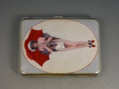 German Silver and Enamel Cigarette Case with a Girl and Her Red Umbrella
