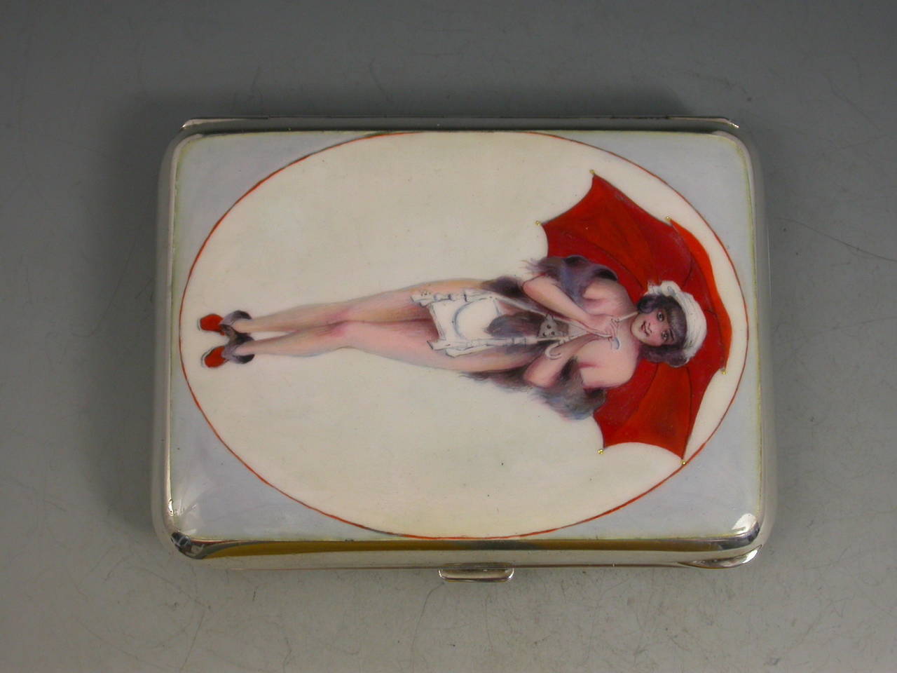 German Silver and Enamel Cigarette Case with a Girl and Her Red Umbrella In Good Condition For Sale In Sittingbourne, Kent