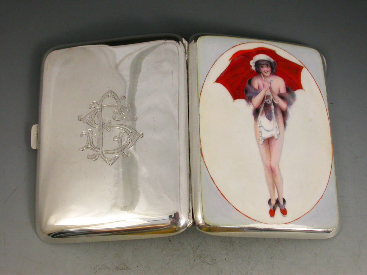 German Silver and Enamel Cigarette Case with a Girl and Her Red Umbrella For Sale 2