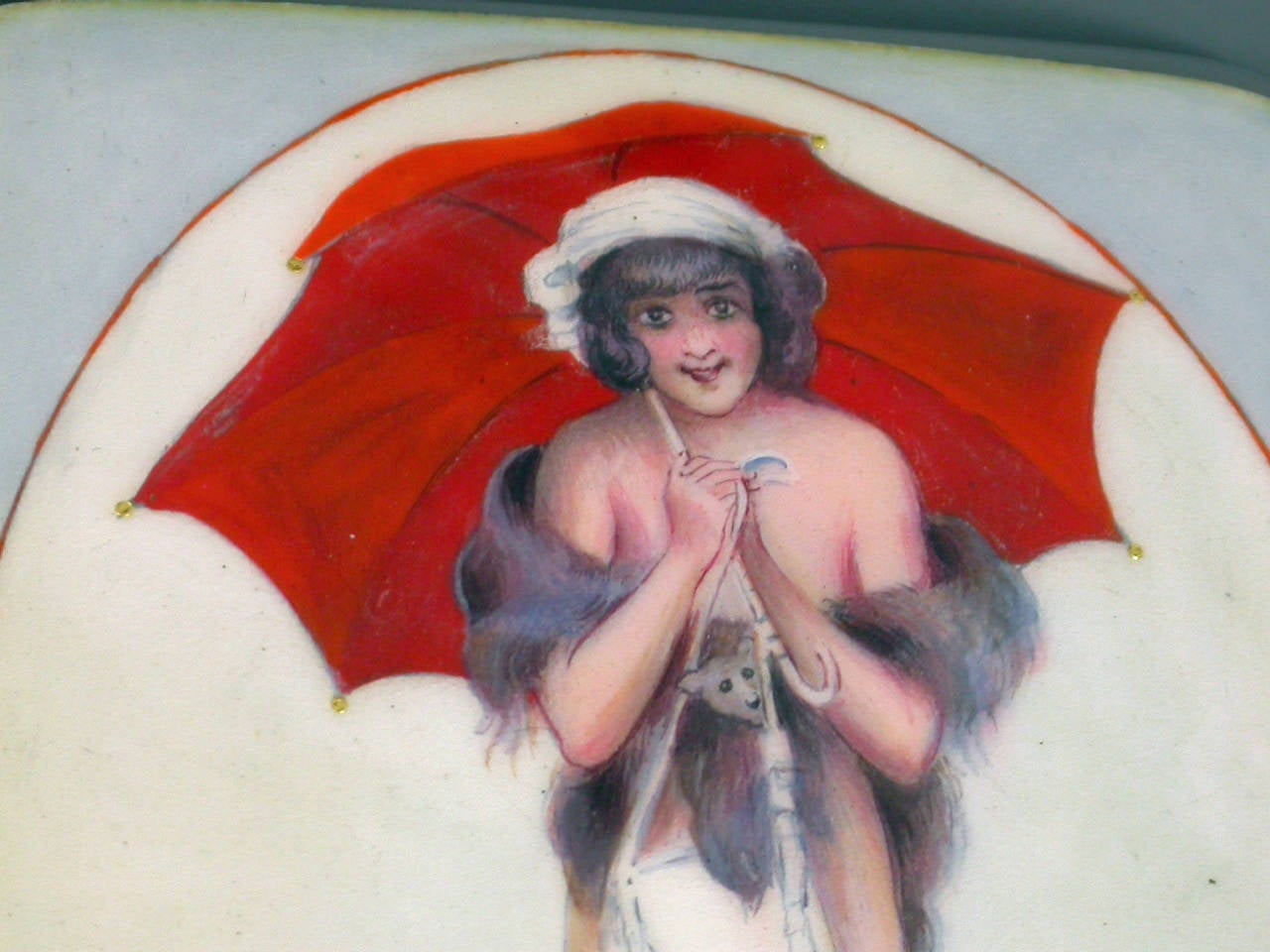 German Silver and Enamel Cigarette Case with a Girl and Her Red Umbrella For Sale 3