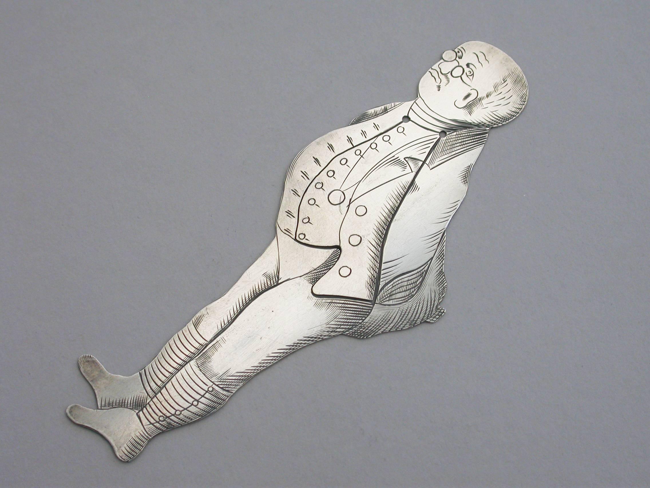A rare early 20th century American novelty silver figural bookmark, depicting the character Mr Pickwick, from the Charles Dickens novel, The Pickwick Papers.

By J.F. Fradley, New York, circa 1901-1910

In good condition with no damage or