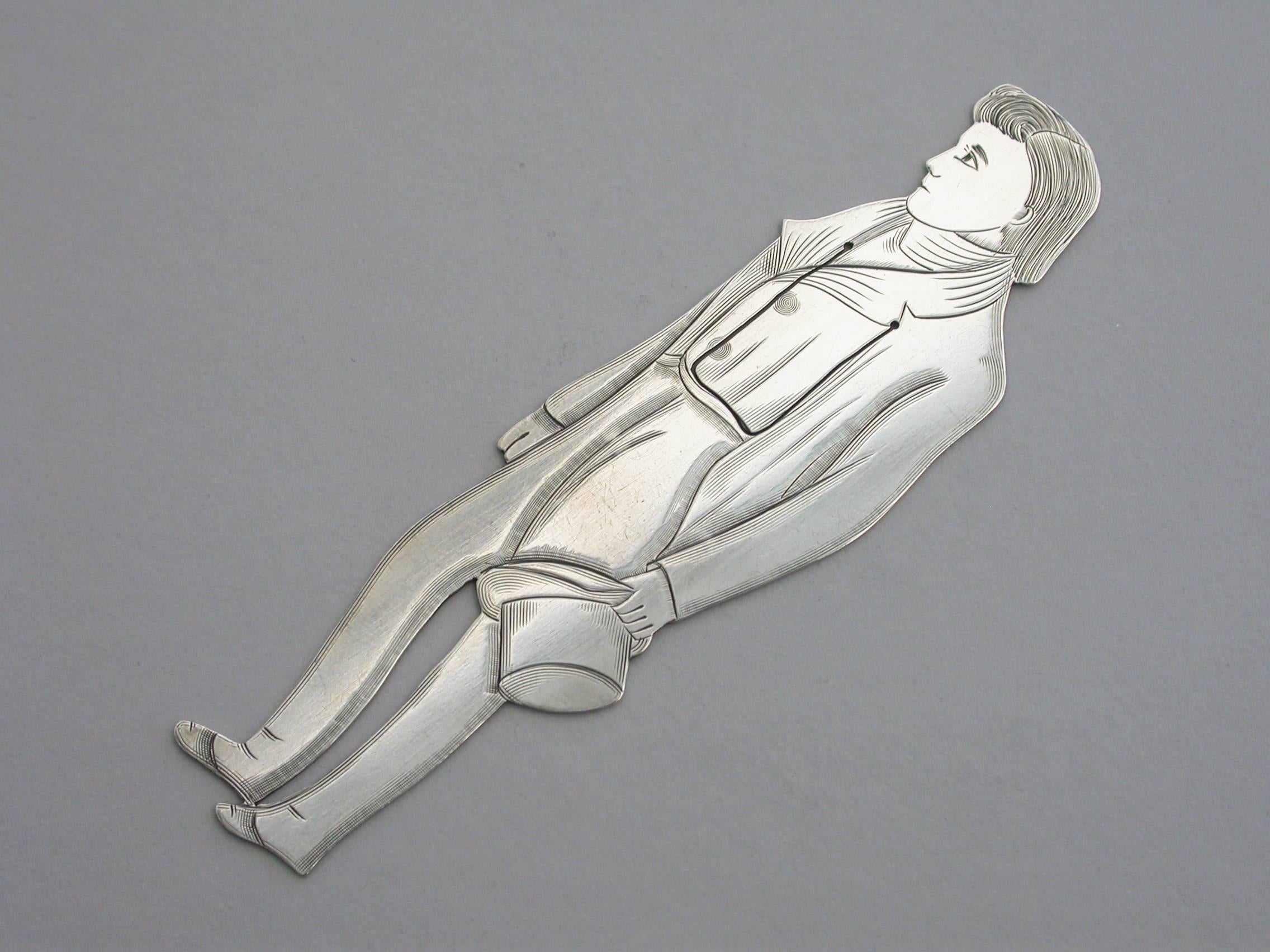 A rare early 20th century American novelty silver figural Bookmark, depicting the character Nicholas Nickleby from the Charles Dickens novel of the same name.

By J F Fradley, New York, circa 1901-1910
In good condition with no damage or