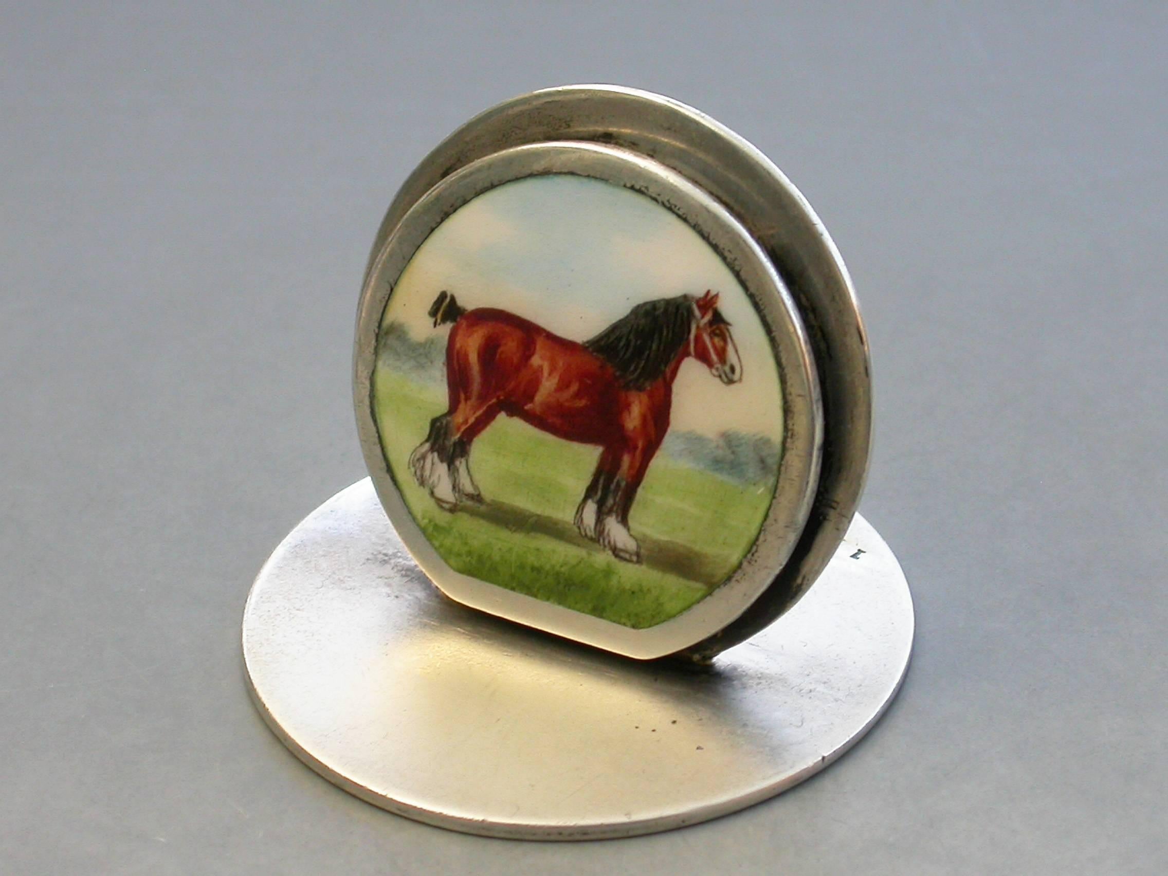 Edwardian Silver and Enamel Shire Horse Menu Holder In Good Condition For Sale In Sittingbourne, Kent