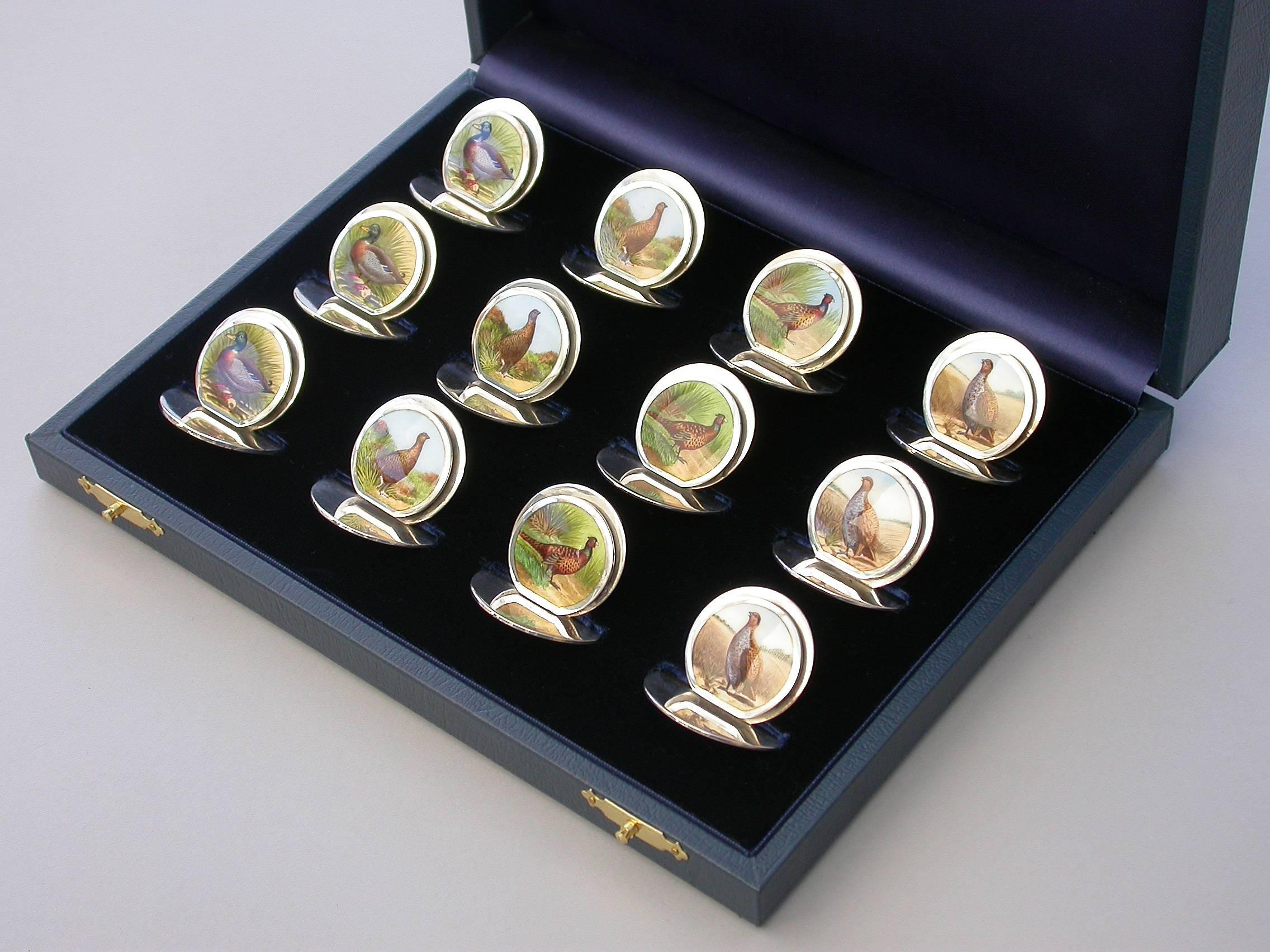 Edwardian Cased Set 12 Silver and Enamel Bird Menu Holders, by Sampson Mordan 1904-1912 For Sale