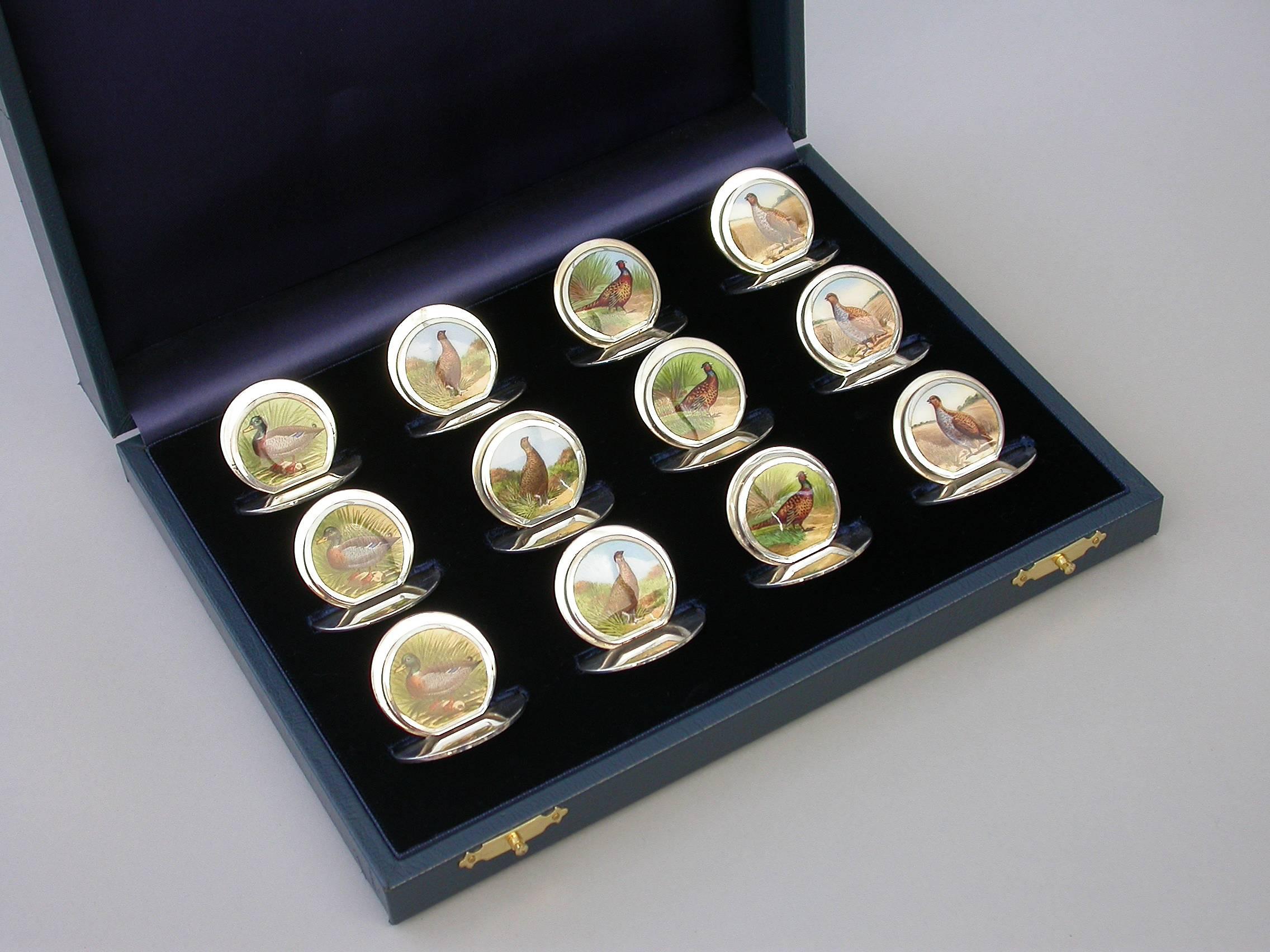 English Cased Set 12 Silver and Enamel Bird Menu Holders, by Sampson Mordan 1904-1912 For Sale