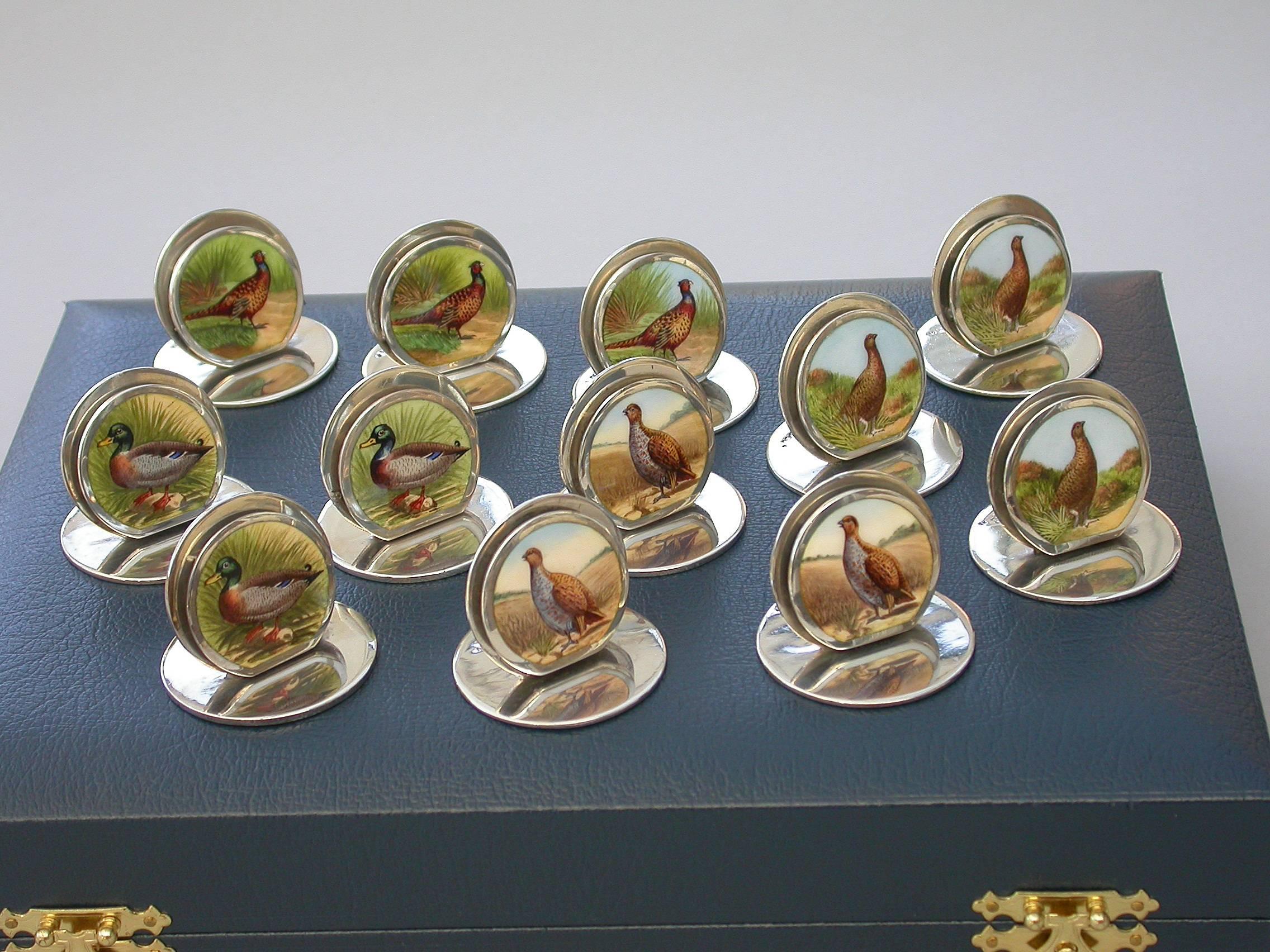 Cased Set 12 Silver and Enamel Bird Menu Holders, by Sampson Mordan 1904-1912 In Good Condition For Sale In Sittingbourne, Kent