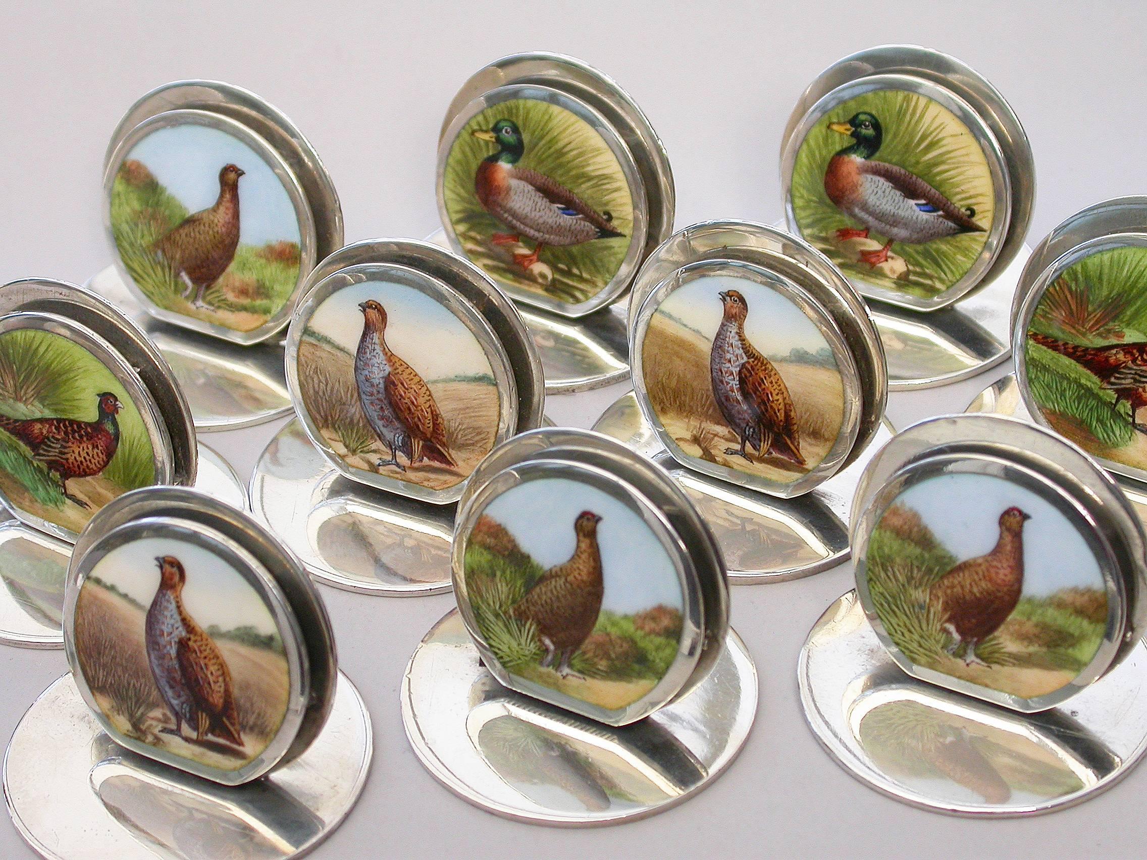 Early 20th Century Cased Set 12 Silver and Enamel Bird Menu Holders, by Sampson Mordan 1904-1912 For Sale