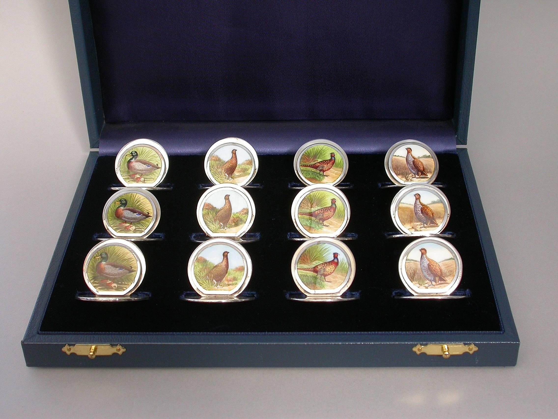 Cased Set 12 Silver and Enamel Bird Menu Holders, by Sampson Mordan 1904-1912 For Sale 2