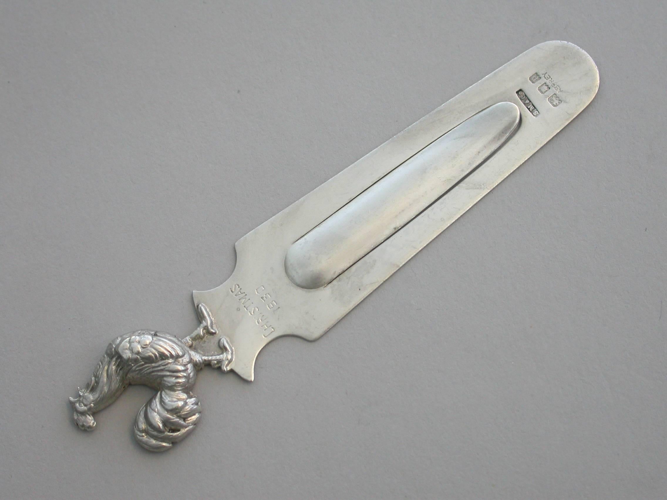 George V Silver Cockerel Bookmark Retailed by Asprey by Sampson & Mordan, 1930 In Good Condition In Sittingbourne, Kent