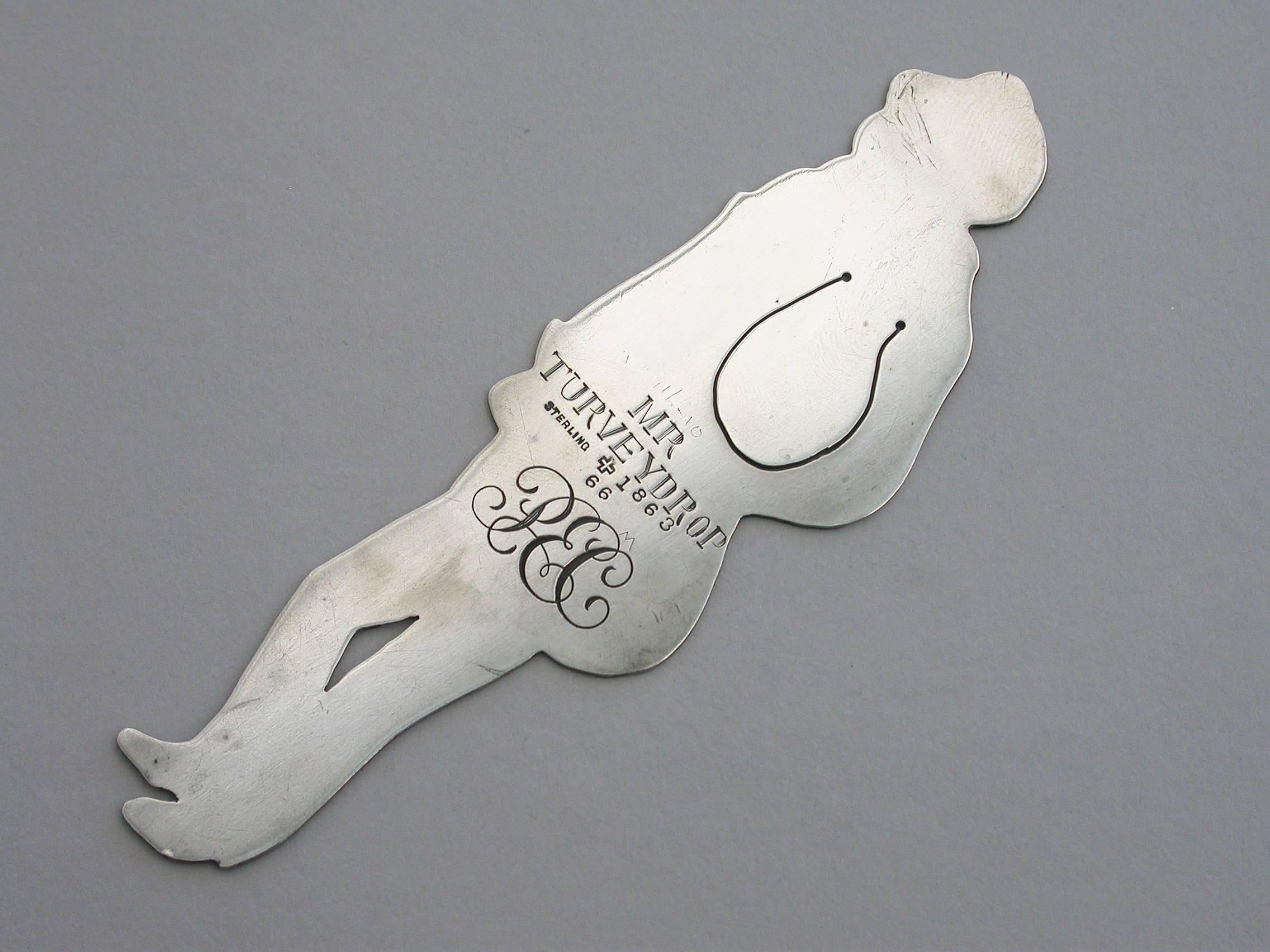 20th Century Edwardian Novelty Silver Figural Bookmark 'Mr Turveydrop', New York For Sale