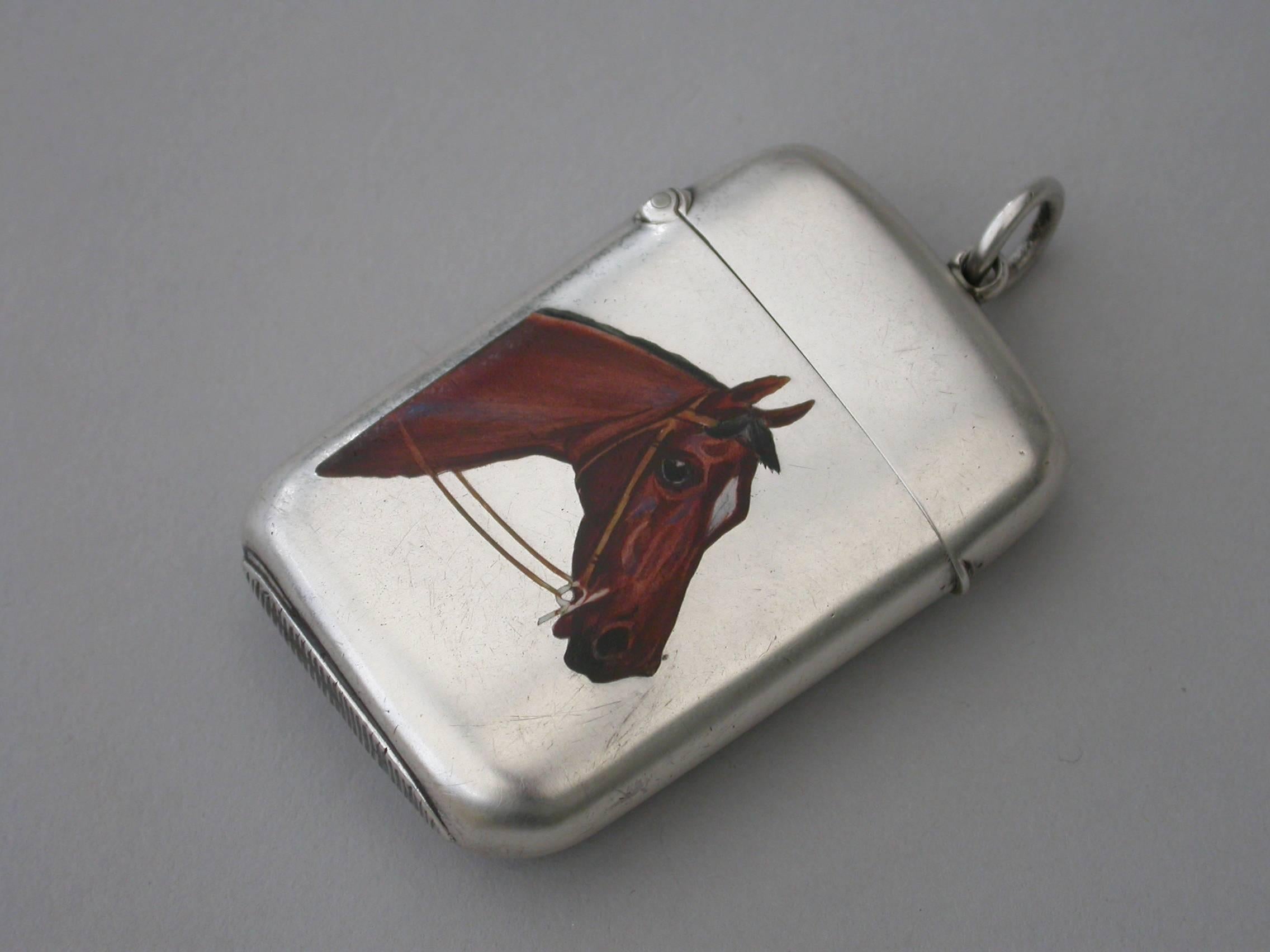 English Victorian Silver and Enamel Horses Head Vesta Case by George Heath London, 1890 For Sale