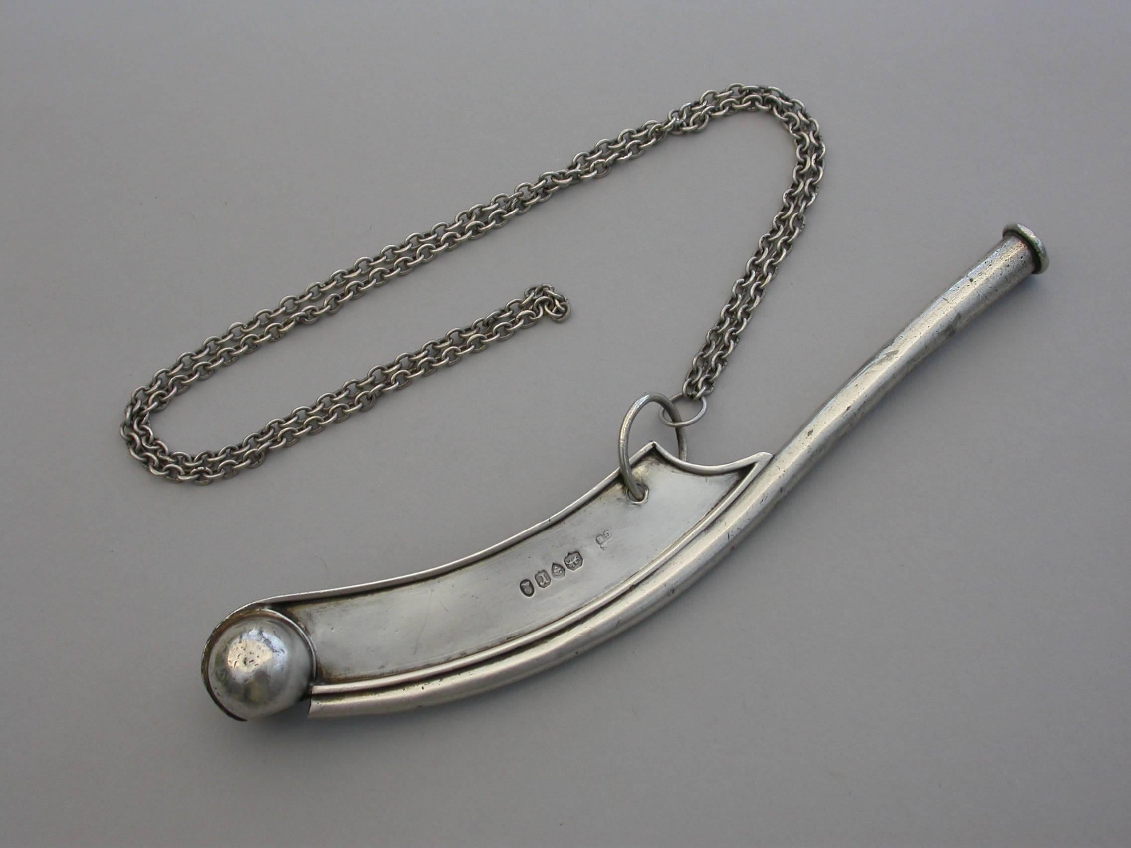 An extremely rare William IV silver Bosuns whistle of unusually large size, complete with attached suspension ring and silver chain lanyard. In good condition with no damage or repair, a few minor dinks to the tube.

By Reily & Storer, London 1832