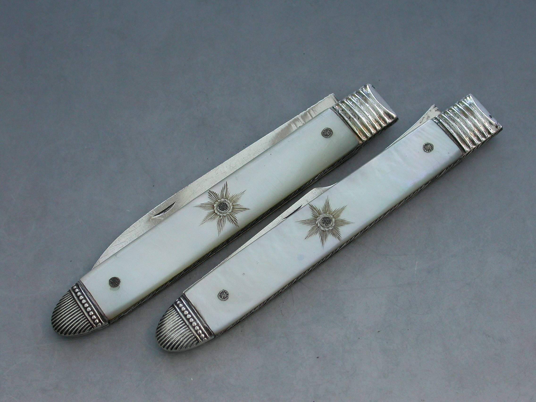 Pair of George III Cased Silver and Mother-of-pearl Folding Fruit Knife and Fork 5