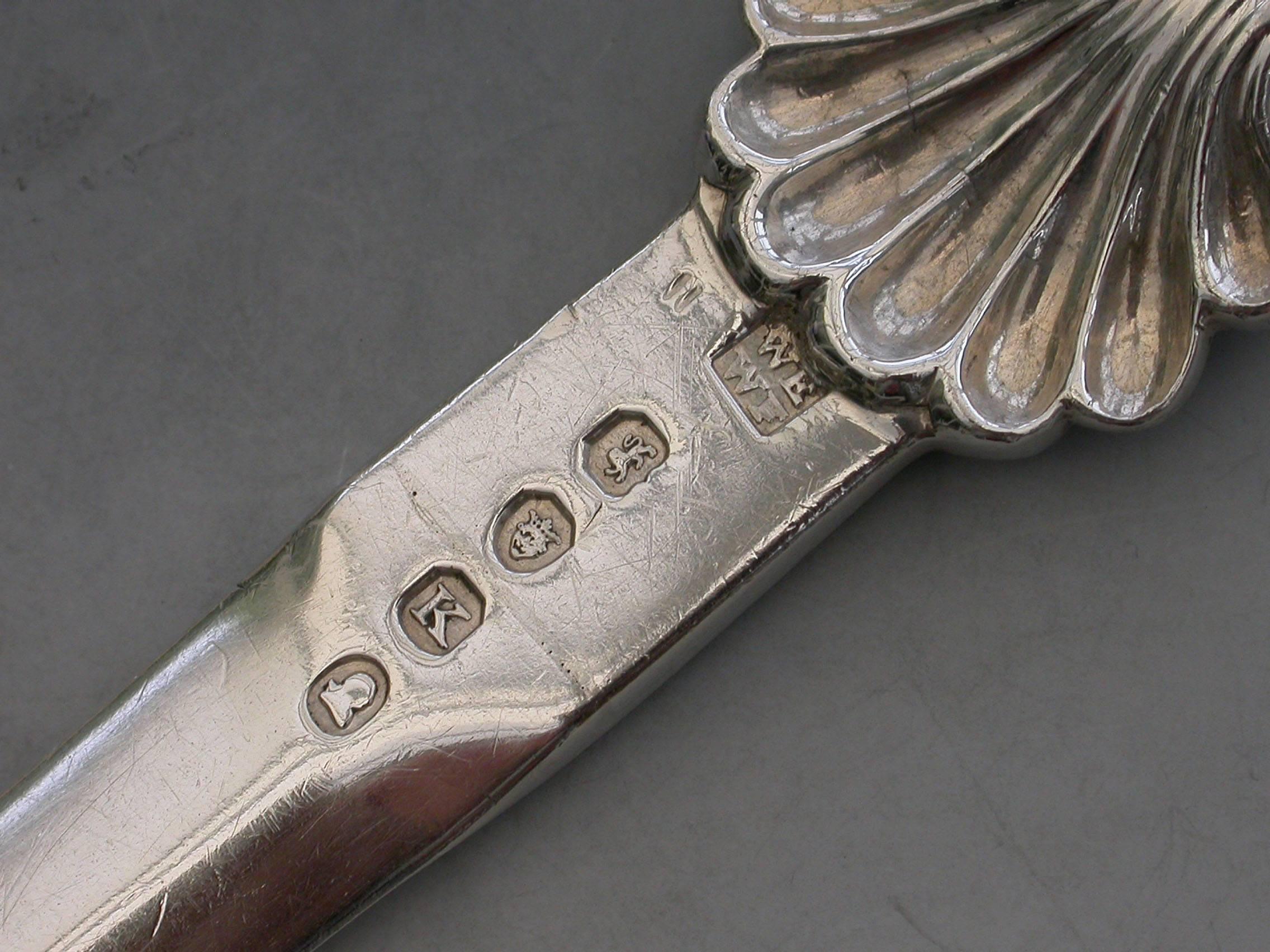 English George III Heavy Cast Antique Silver Shell and Ring Meat Skewer