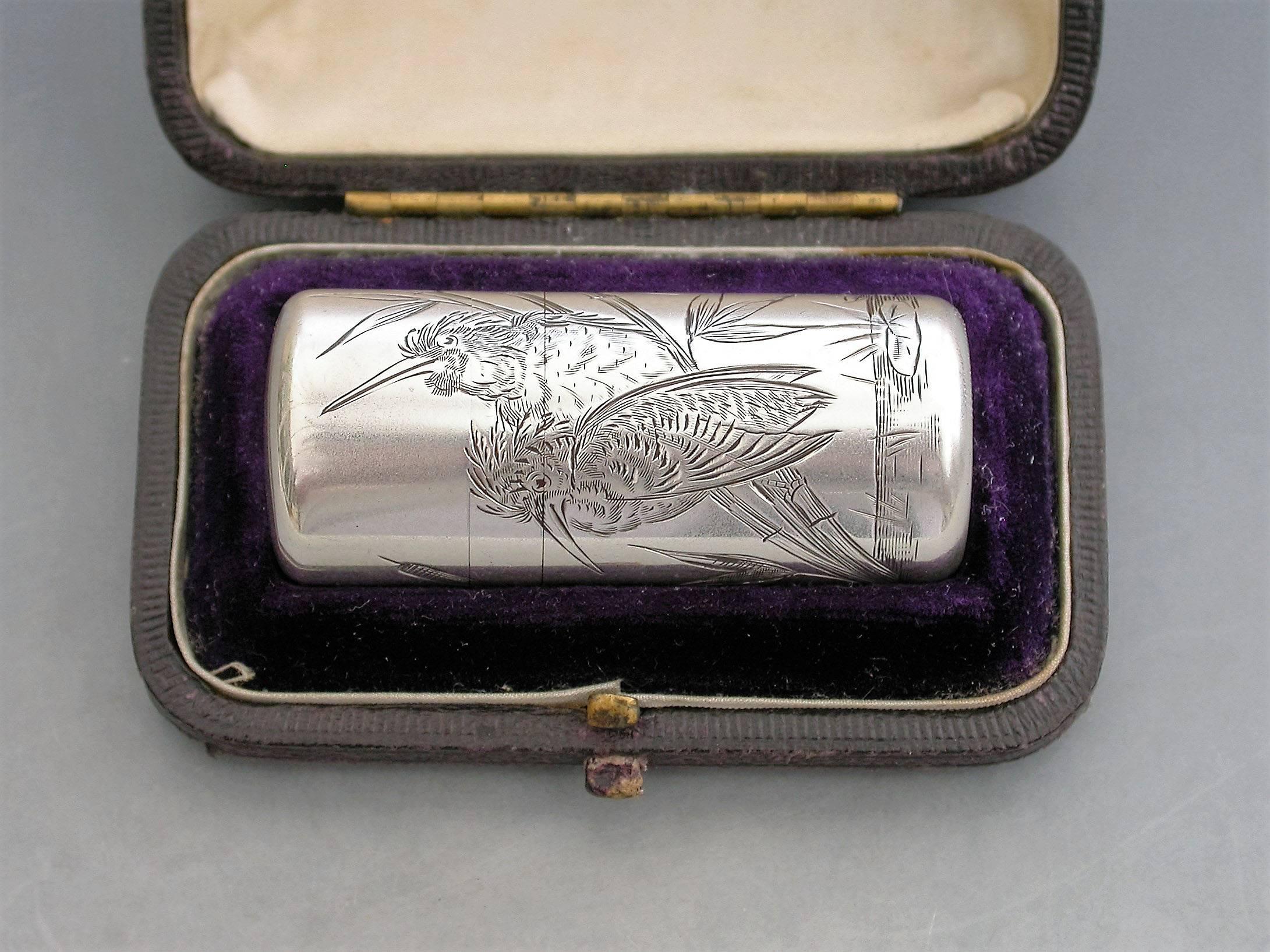 English Victorian Silver Aesthetic Engraved Scent Bottle 'Kingfishers'