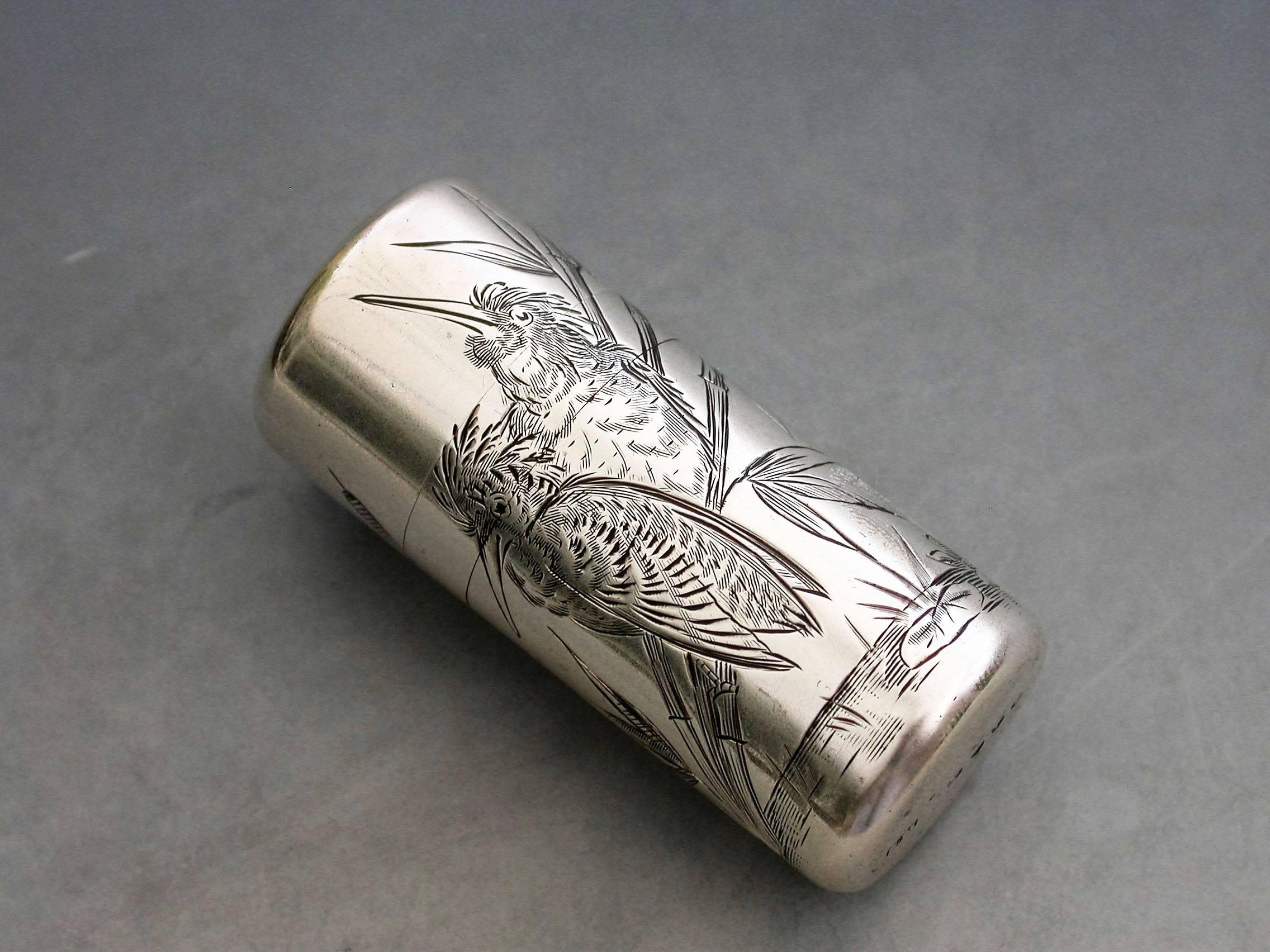 Victorian Silver Aesthetic Engraved Scent Bottle 'Kingfishers' In Good Condition In Sittingbourne, Kent
