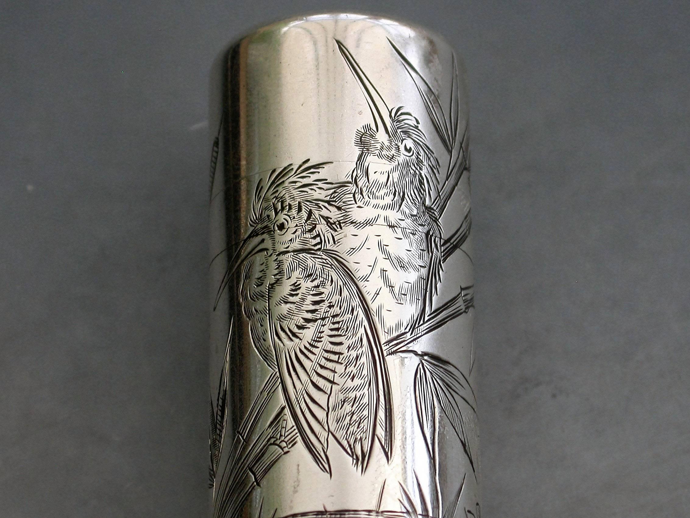 Victorian Silver Aesthetic Engraved Scent Bottle 'Kingfishers' 2