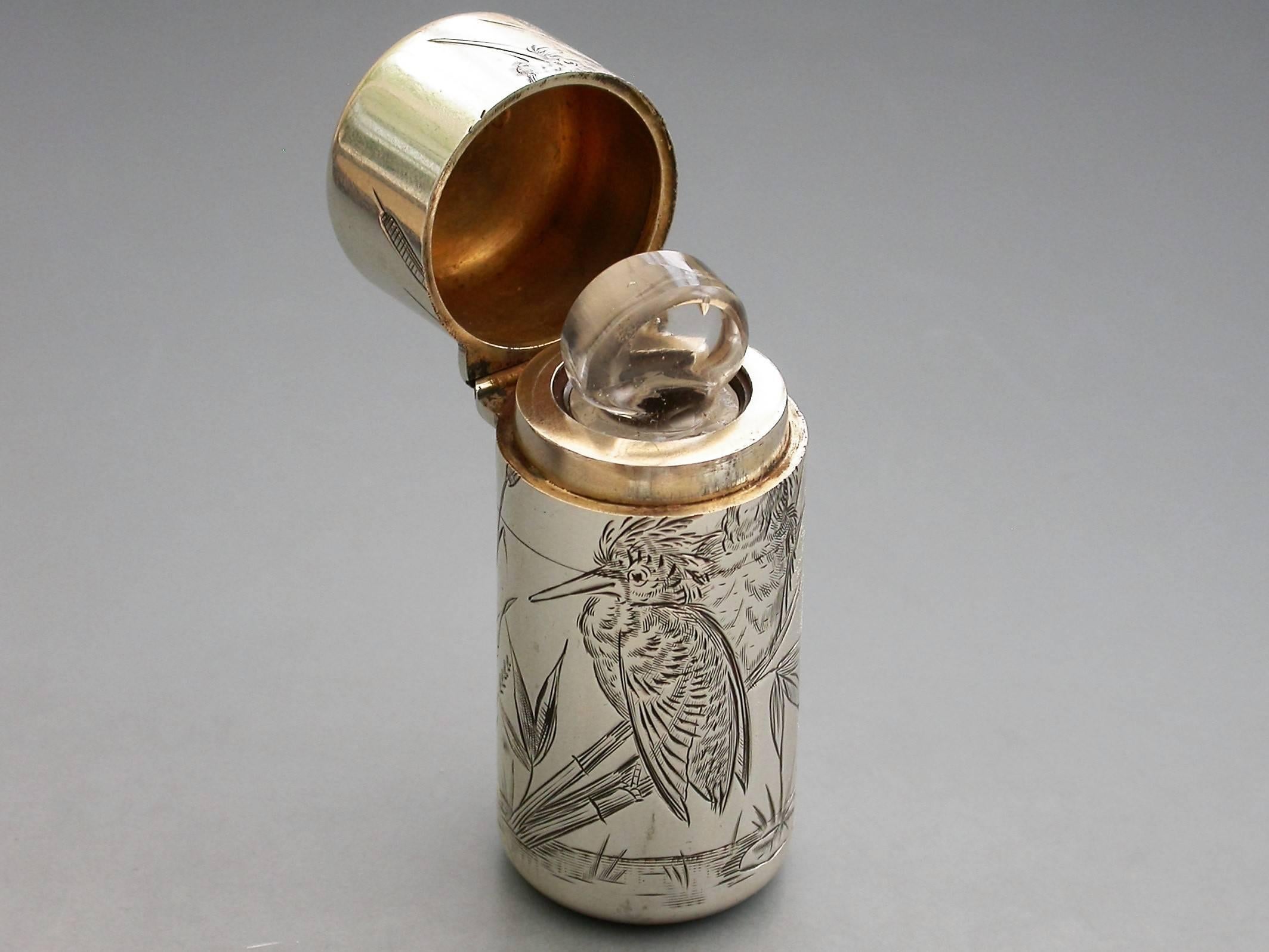 Victorian Silver Aesthetic Engraved Scent Bottle 'Kingfishers' 4
