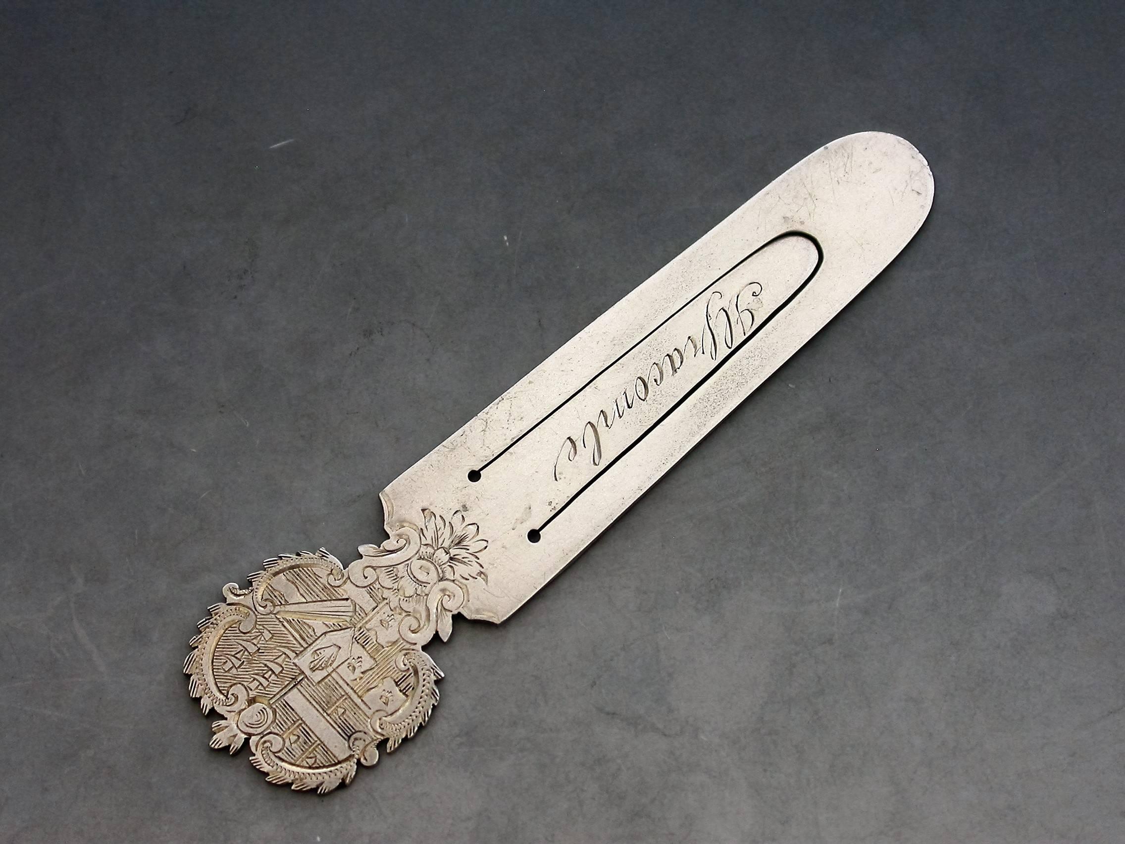 An Edwardian silver souvenir bookmark for the town of Ilfracombe in Devon, South West England. The terminal engraved with the town’s coat of arms.

By Nathan & Hayes, Chester, 1900

In good condition with no damage or repair

Height 86 mm