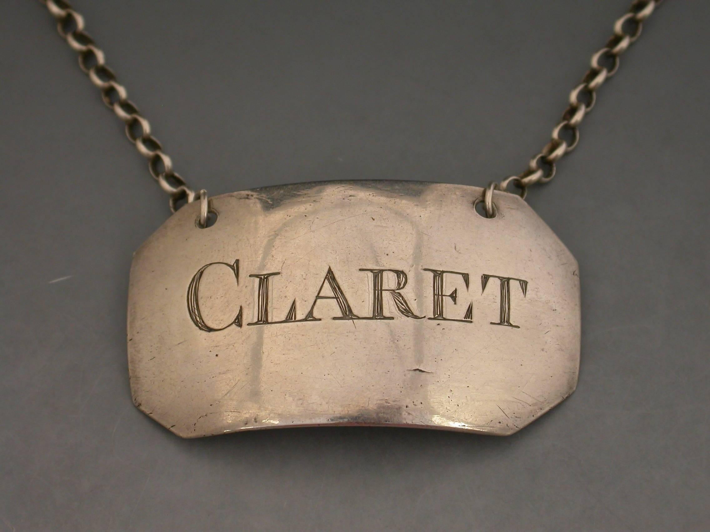 English George III Provincial Silver Wine Label 'Claret'