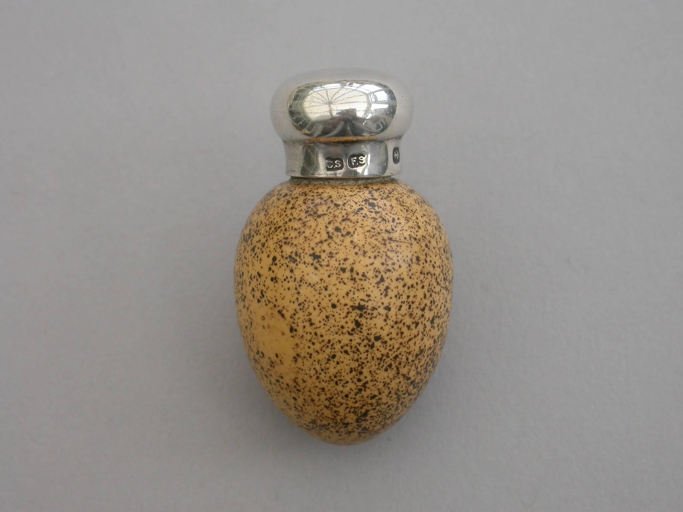 English Victorian Silver and McIntyre Ceramic Wrens Egg Scent Bottle, 1896