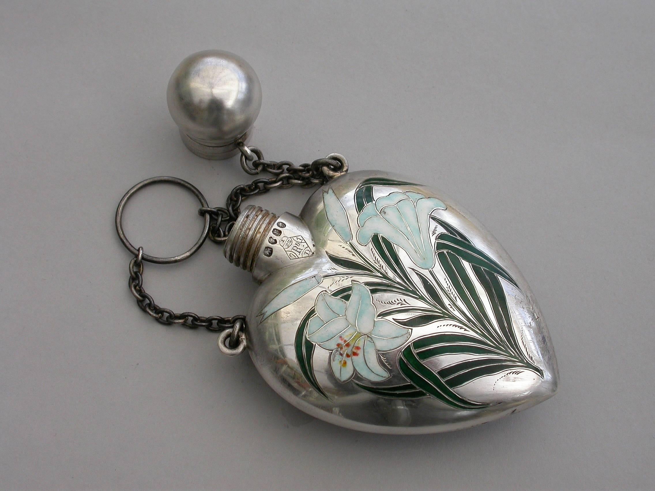 Victorian Heart Shaped Cased Silver and Enamel Scent Flask 'Lillies', 1872 In Good Condition In Sittingbourne, Kent