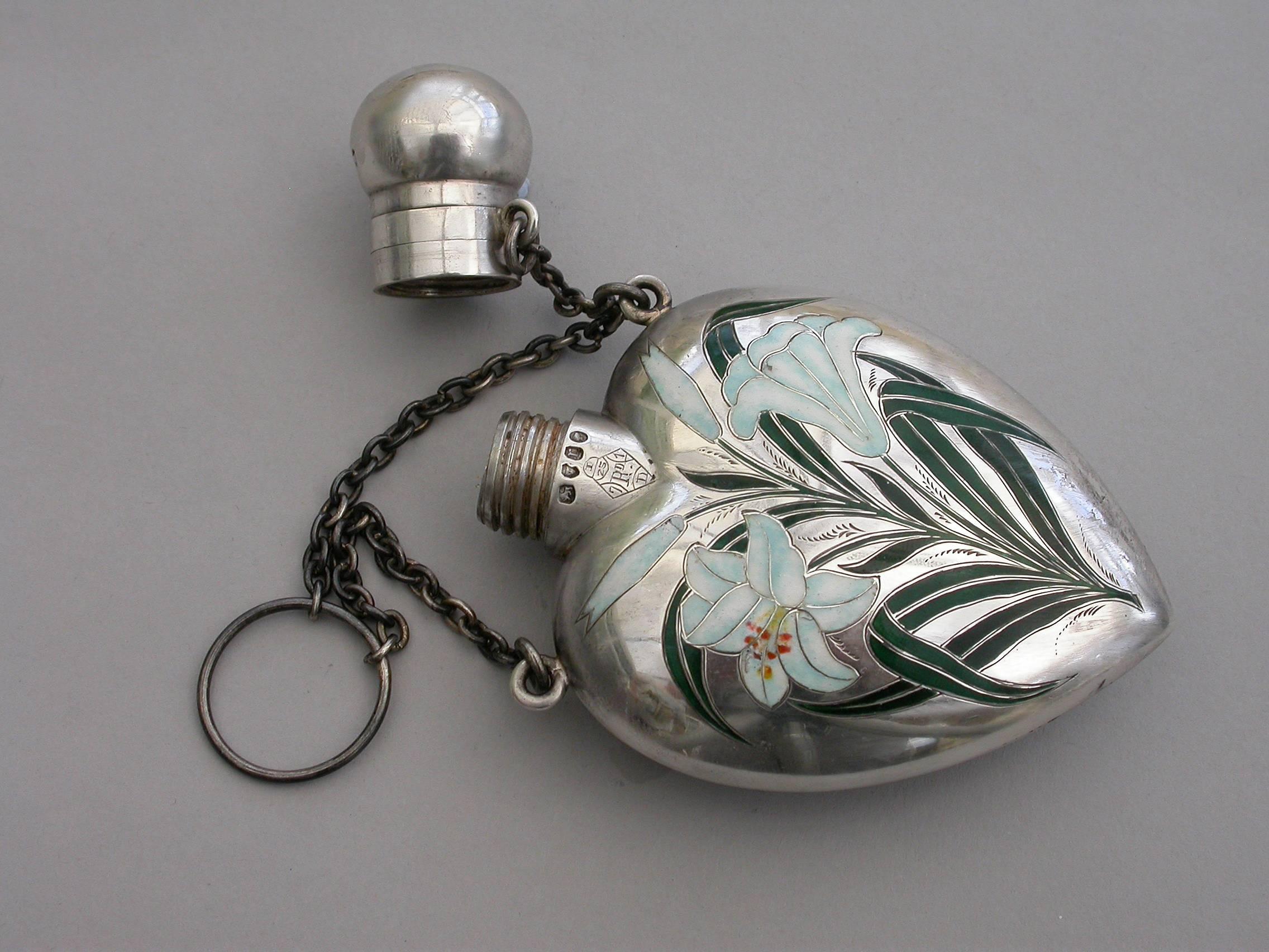 Late 19th Century Victorian Heart Shaped Cased Silver and Enamel Scent Flask 'Lillies', 1872