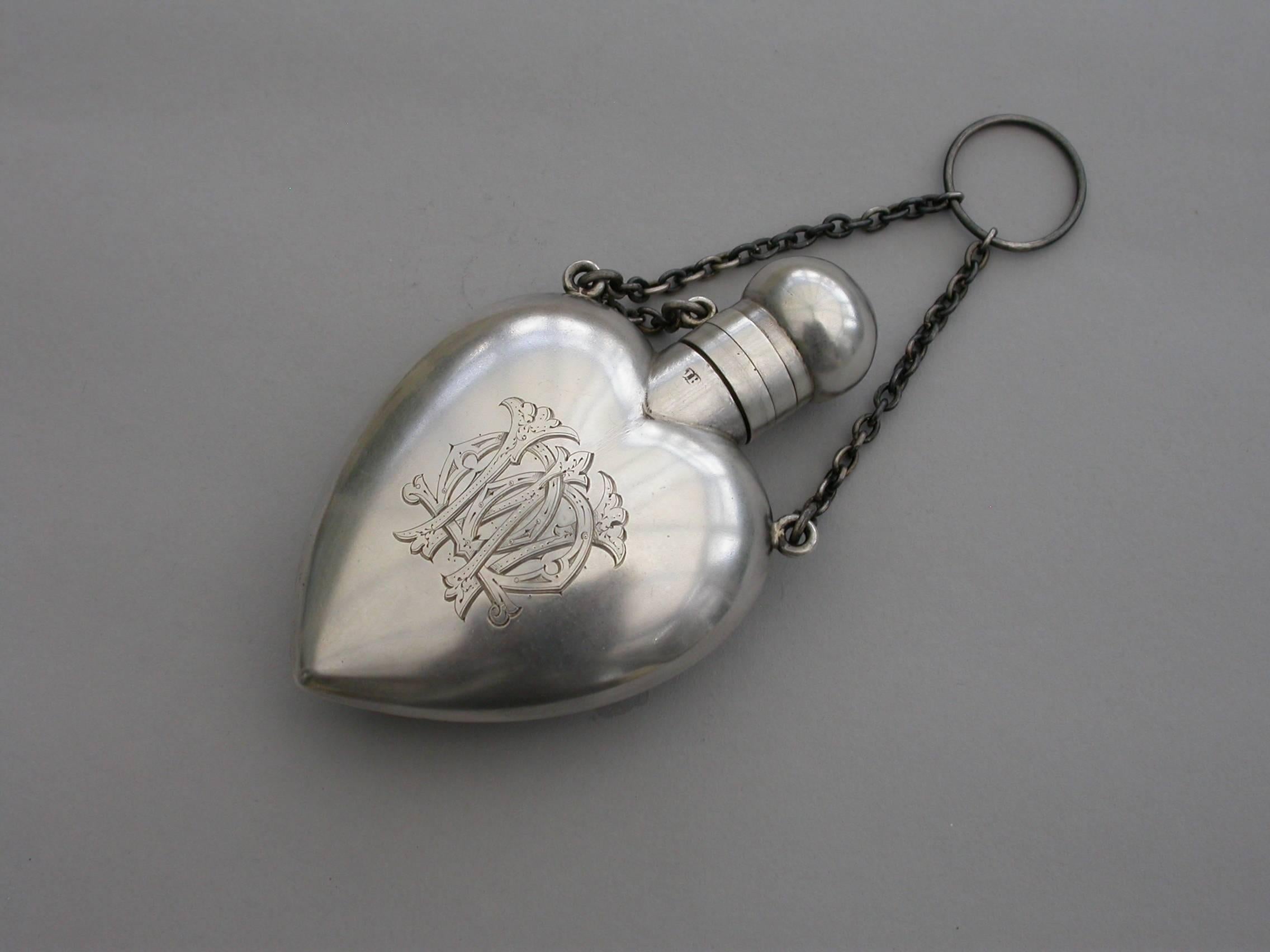 Victorian Heart Shaped Cased Silver and Enamel Scent Flask 'Lillies', 1872 1