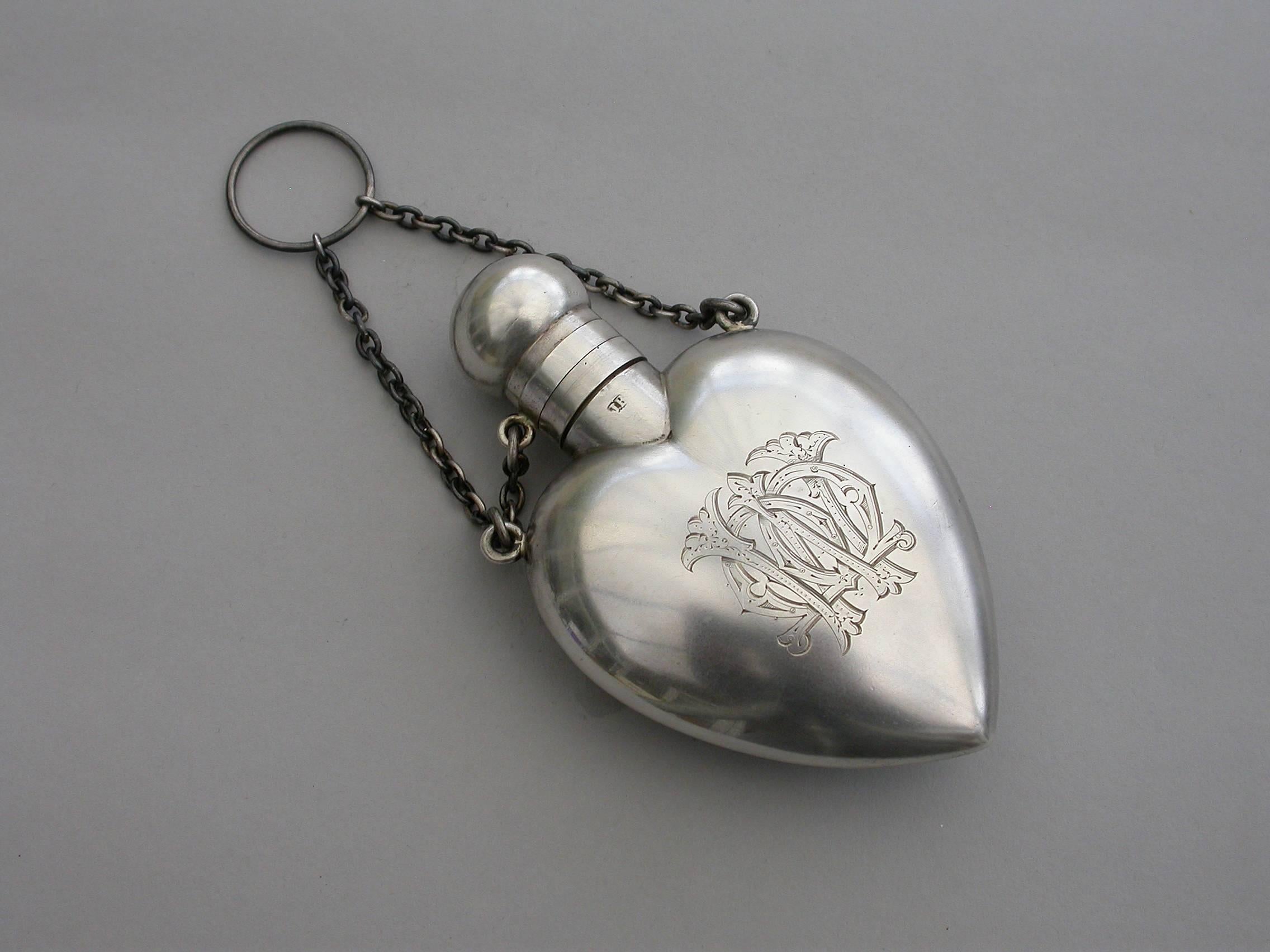 Victorian Heart Shaped Cased Silver and Enamel Scent Flask 'Lillies', 1872 2