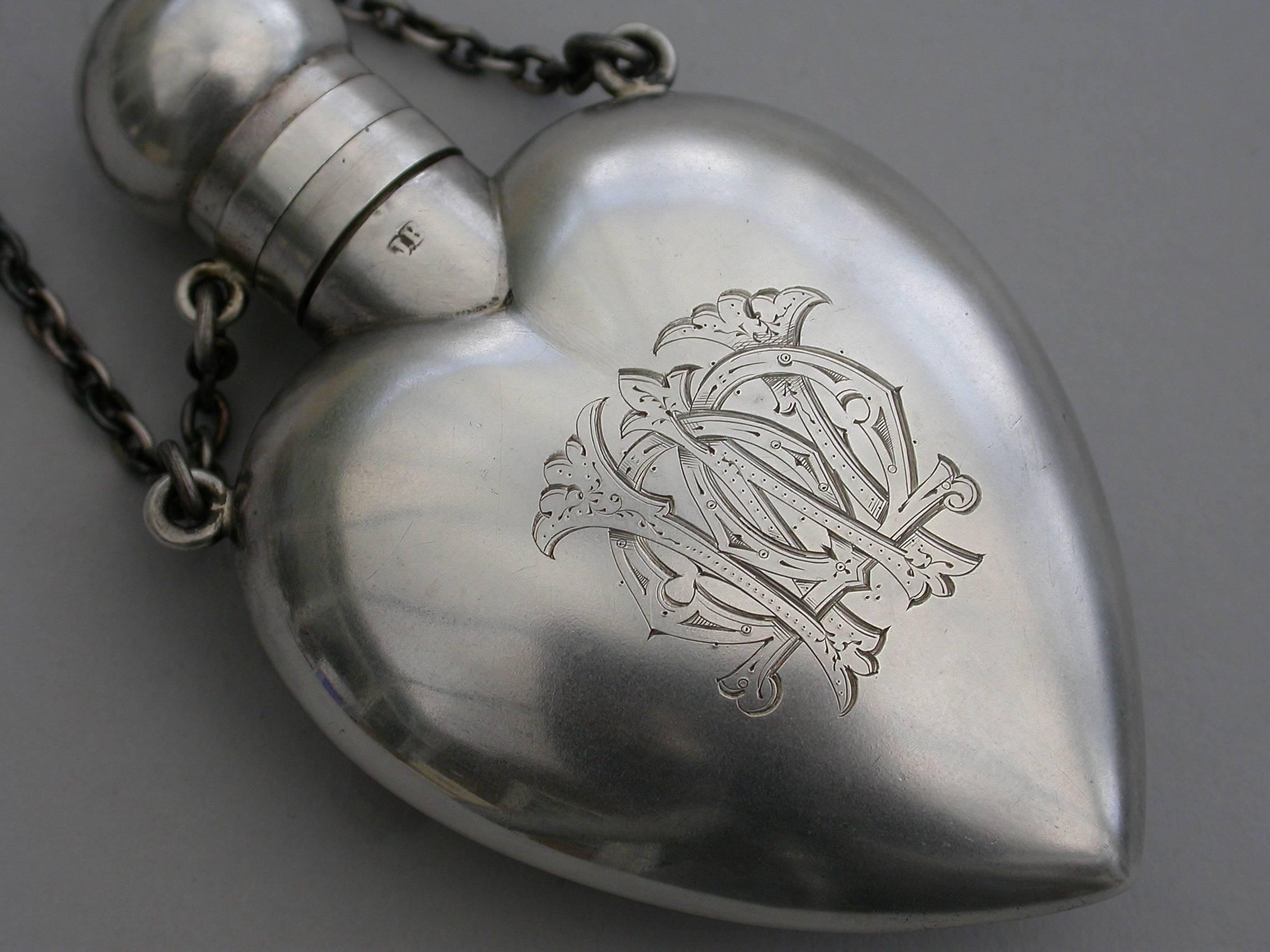 Victorian Heart Shaped Cased Silver and Enamel Scent Flask 'Lillies', 1872 3