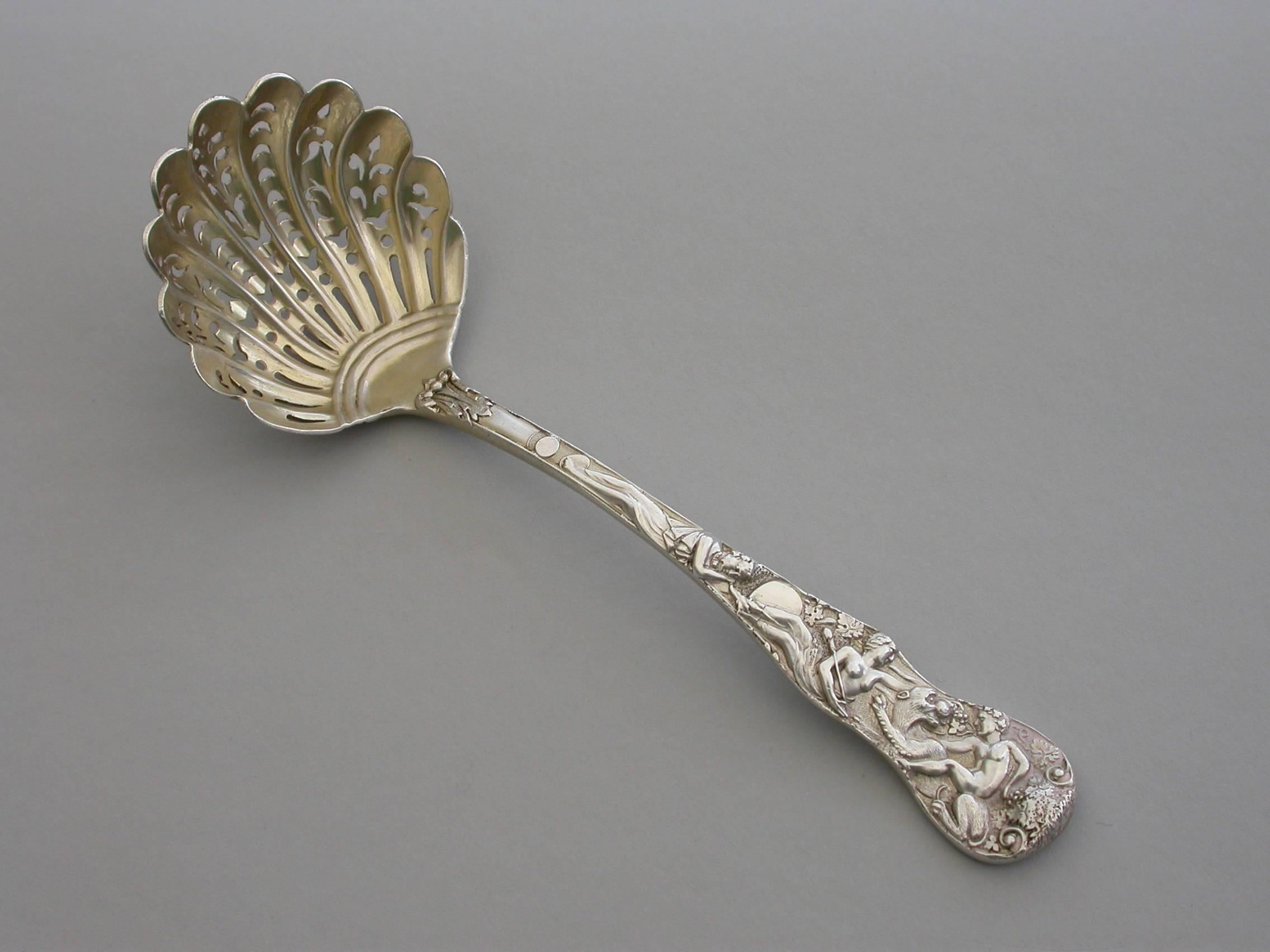 English Victorian Cast Silver Bacchanalian Pattern Sugar Sifter Ladle, London, 1844