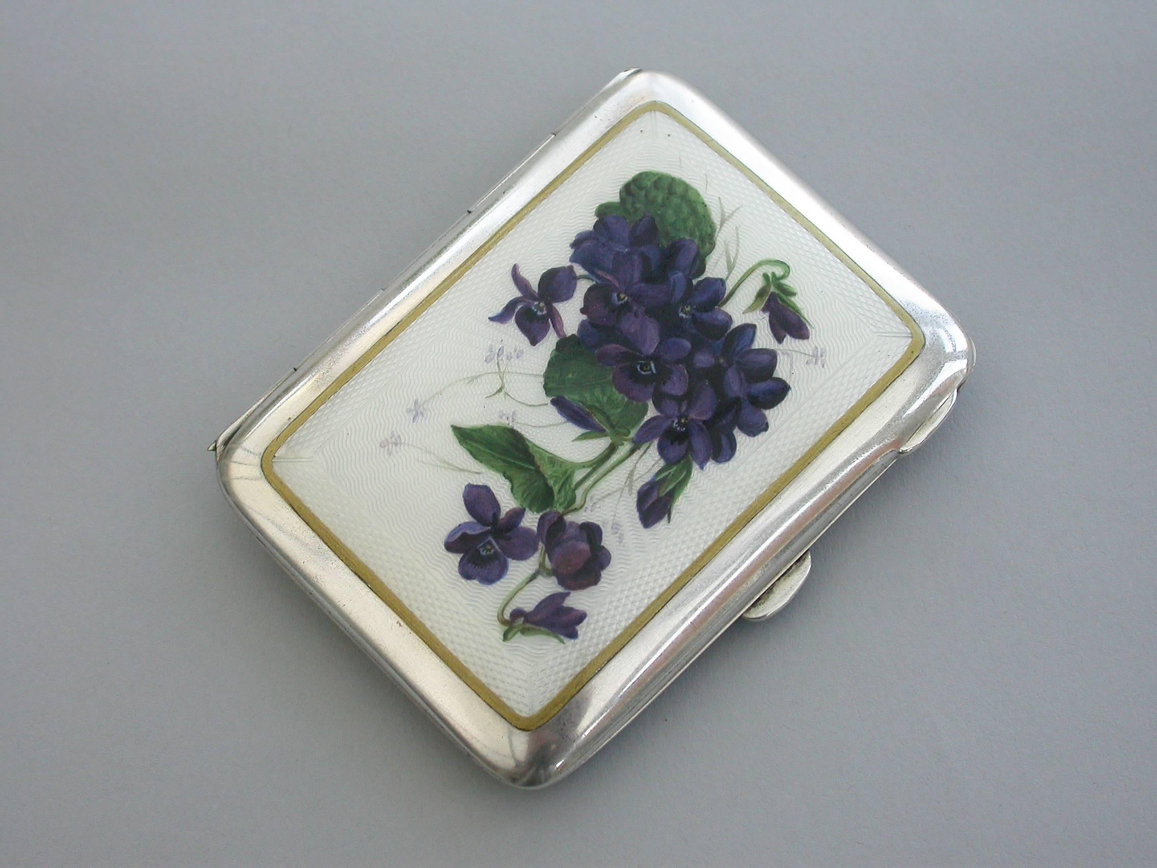 English Early 20th Century Silver and Guilloche Enamel 'Violets' Cigarette Case, 1915