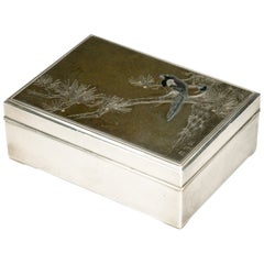 Antique Japanese Silver Box with an Inlaid Mixed Metal Panel