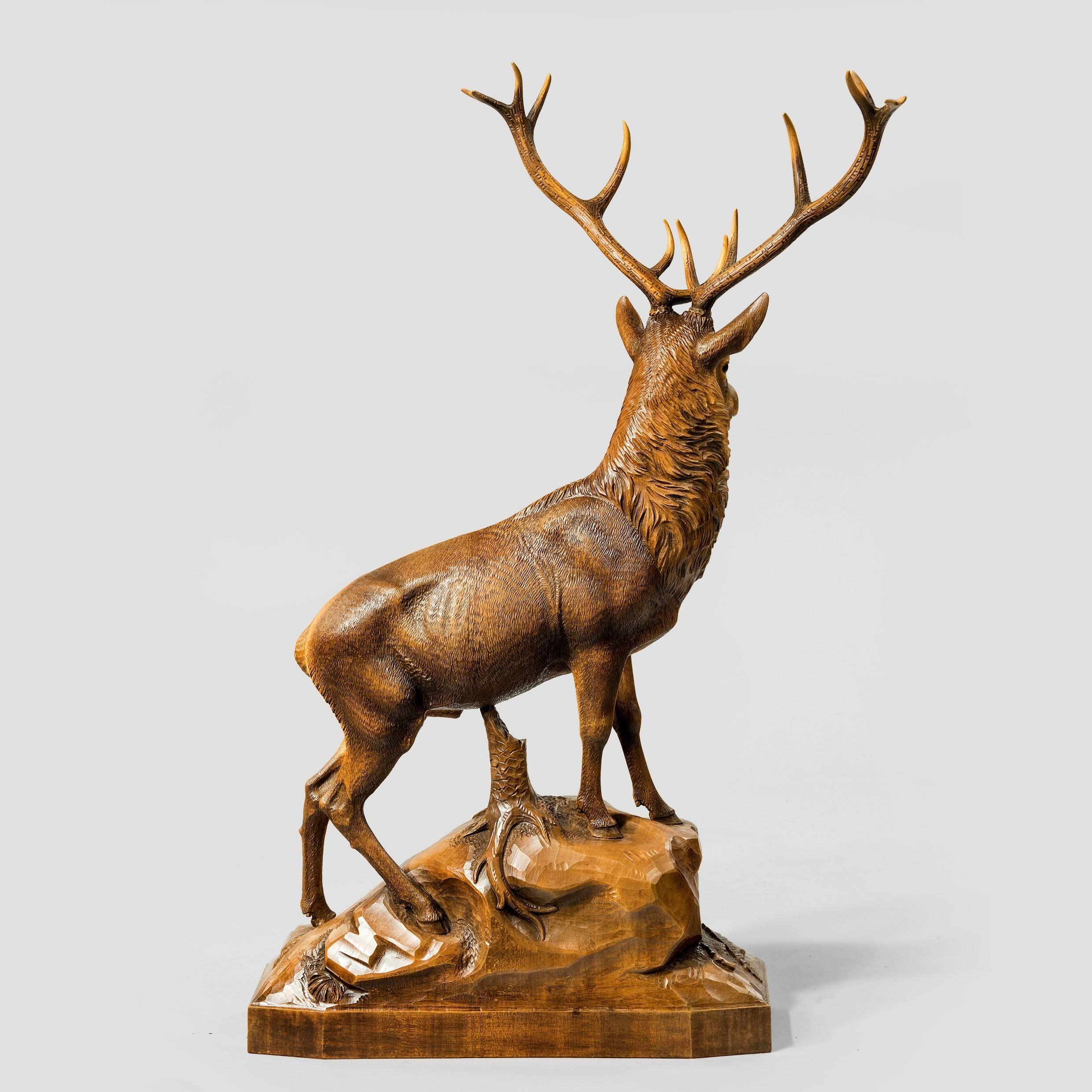 Swiss Superb Quality ‘Black Forest’ Maple Wood Model of a Stag Signed by F R Michel