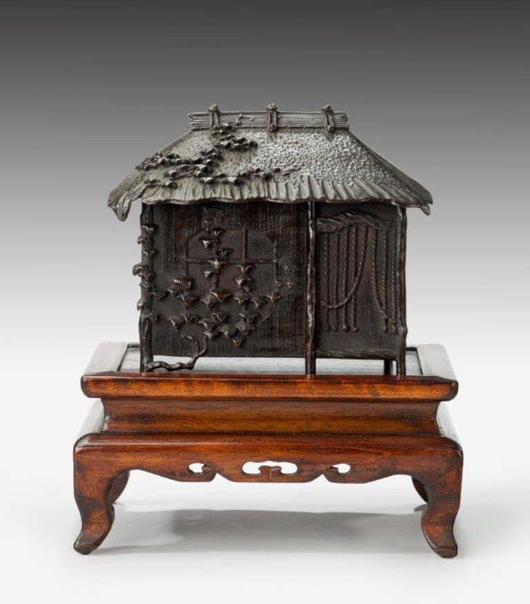 Japanese Signed Bronze Meiji Period Censor on Hard Wood Stand