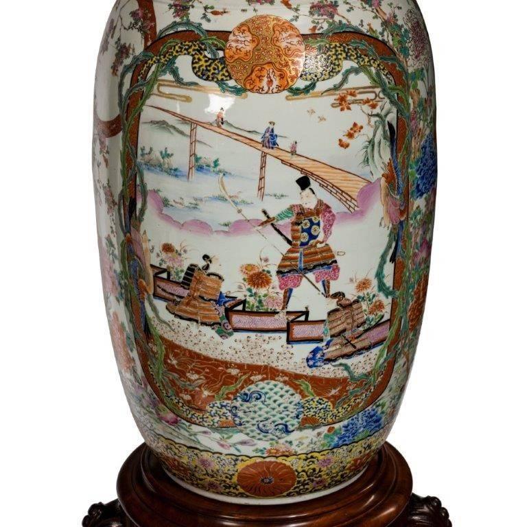 Japanese Pair of Fukagawa Polychrome Porcelain Vases