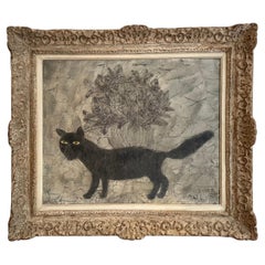 Henri Hecht MAÏK, pittore francese, olio su tela, “Gatto nero e fiori”, 1968
