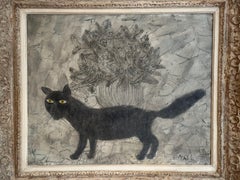 Henri Hecht MAÏK, pittore francese, olio su tela, “Gatto nero e fiori”, 1968