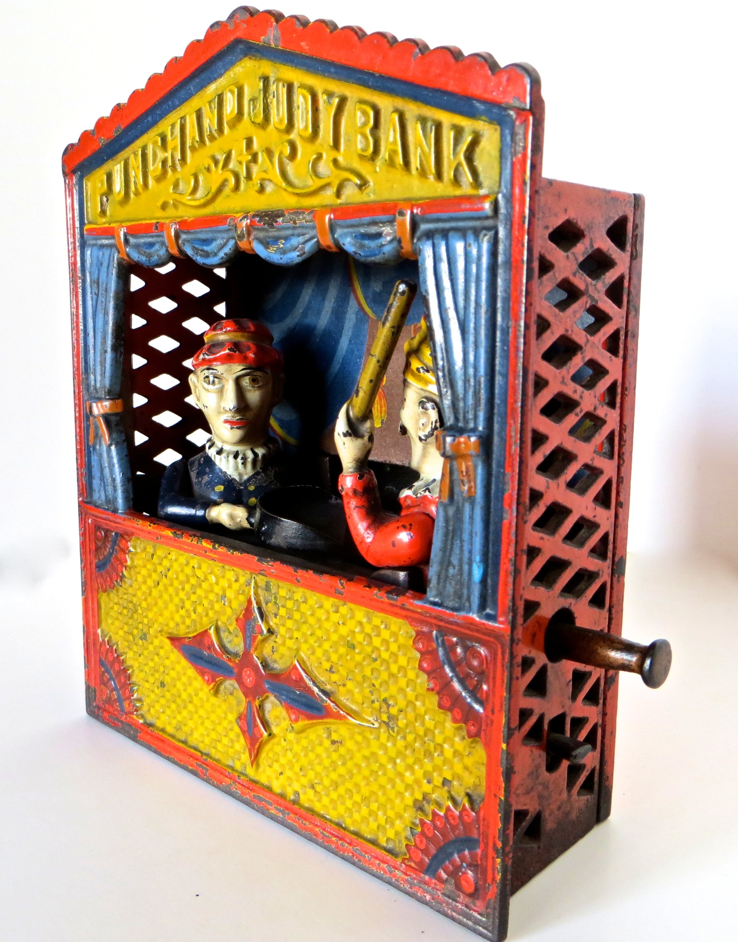 VINTAGE STYLE CAST IRON MECHANICAL PUNCH AND JUDY MONEY BOX BANK ANTIQUE 