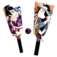 Two Post War Kabuki Paddles (Hagoita) Original Shuttlecock Ball Japan Circa 1960