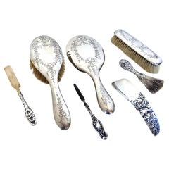 Art Nouveau (7) Piece Sterling Silver Vanity "Necessaire" Ensemble Circa 1894