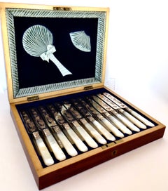 Victorian 24-Pc Mother of Pearl & Silver Dessert/Fish Cutlery Set in Walnut Case