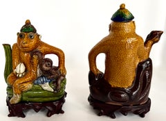 Rare Matched Pair of Late Qing Dynasty Wucai Porcelain Monkey Ewers with Stands