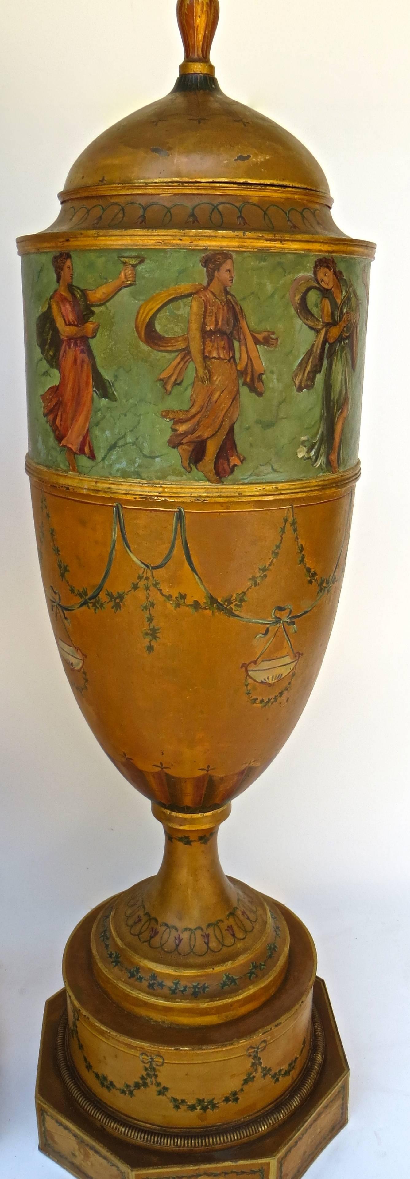 Regency Pair of 19th Century Urns 'Japanned Tole and Copper' For Sale
