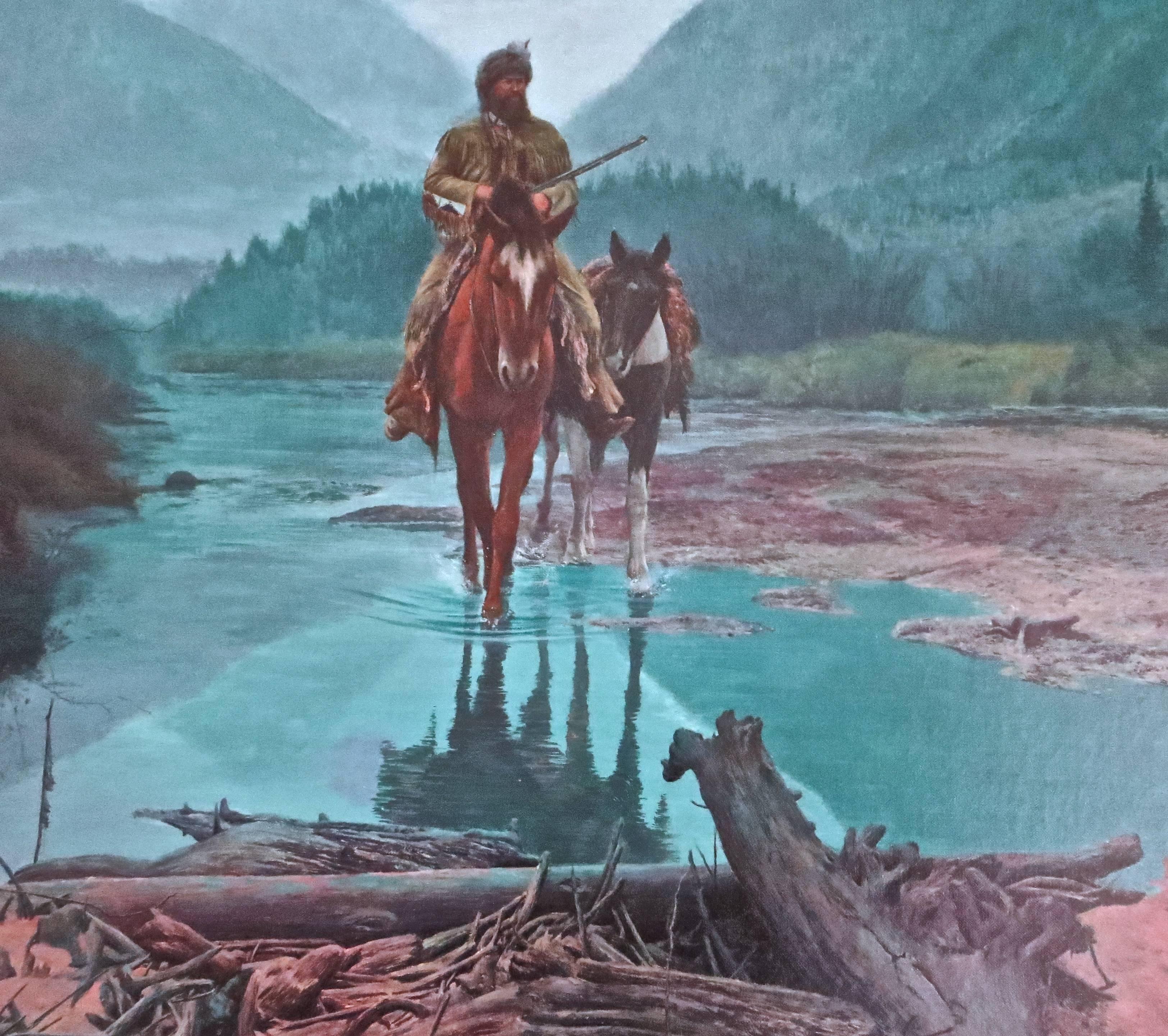 Painted in 1981, this iconic image of a trapper riding through a pond in the early morning hours of a Pacific Northwest setting is featured, and is the frontispiece for Dee Brown's book 