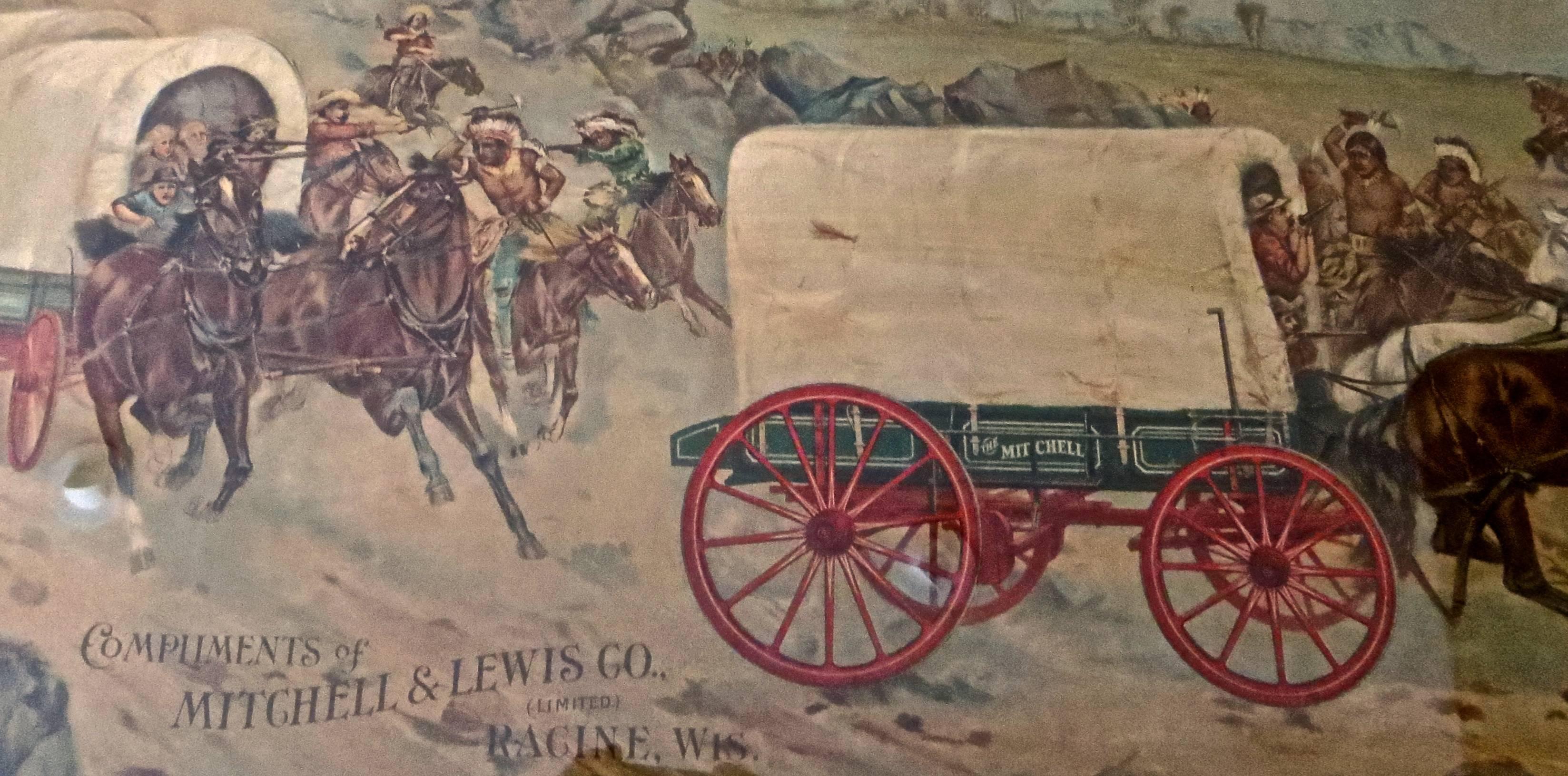 Mitchell & Lewis Covered Wagon Advertising Lithograph, American, circa 1901 In Excellent Condition In Incline Village, NV