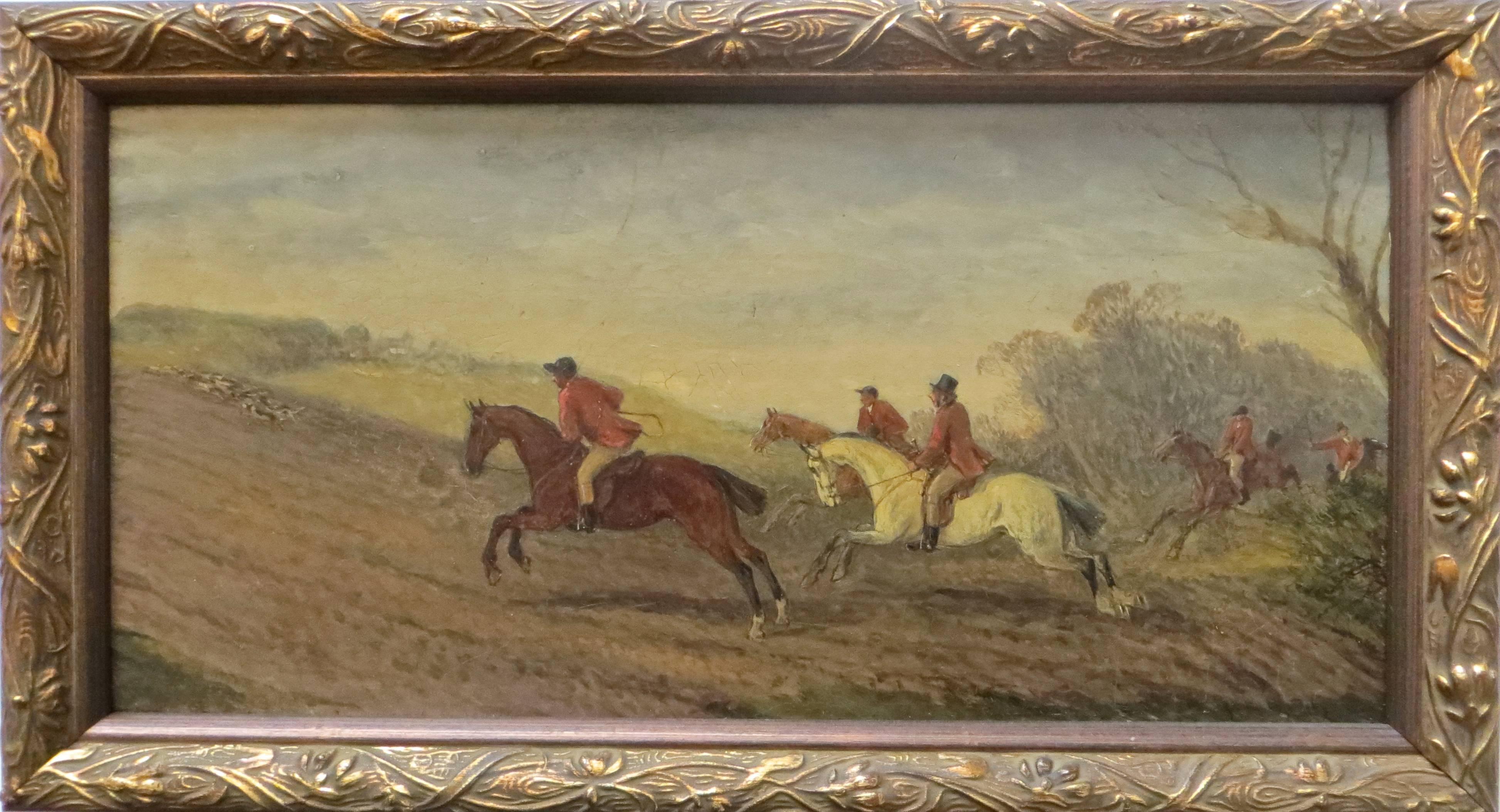 Painted Early 19th Century English Hunting Scene Oil on Board
